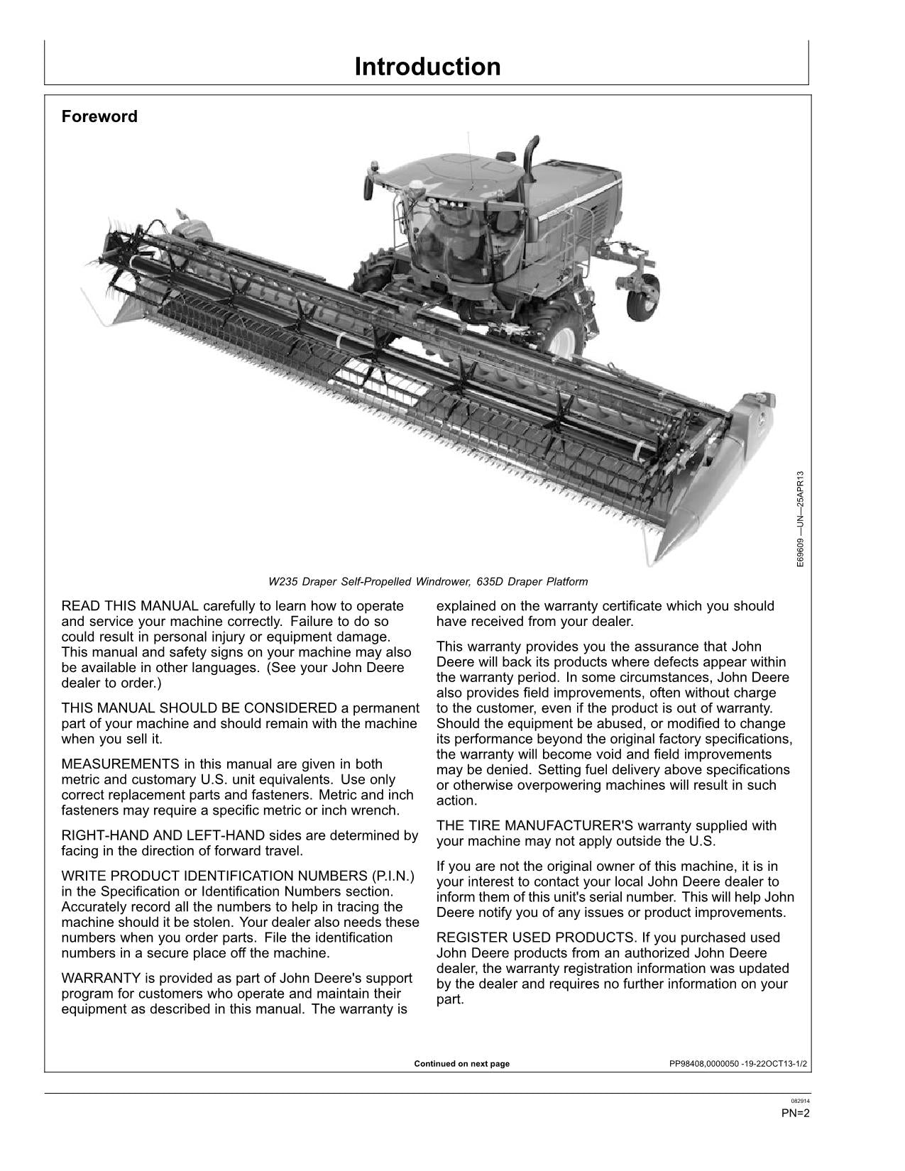 MANUAL DEL OPERADOR DE LA HILERADORA JOHN DEERE W235 N.° 2