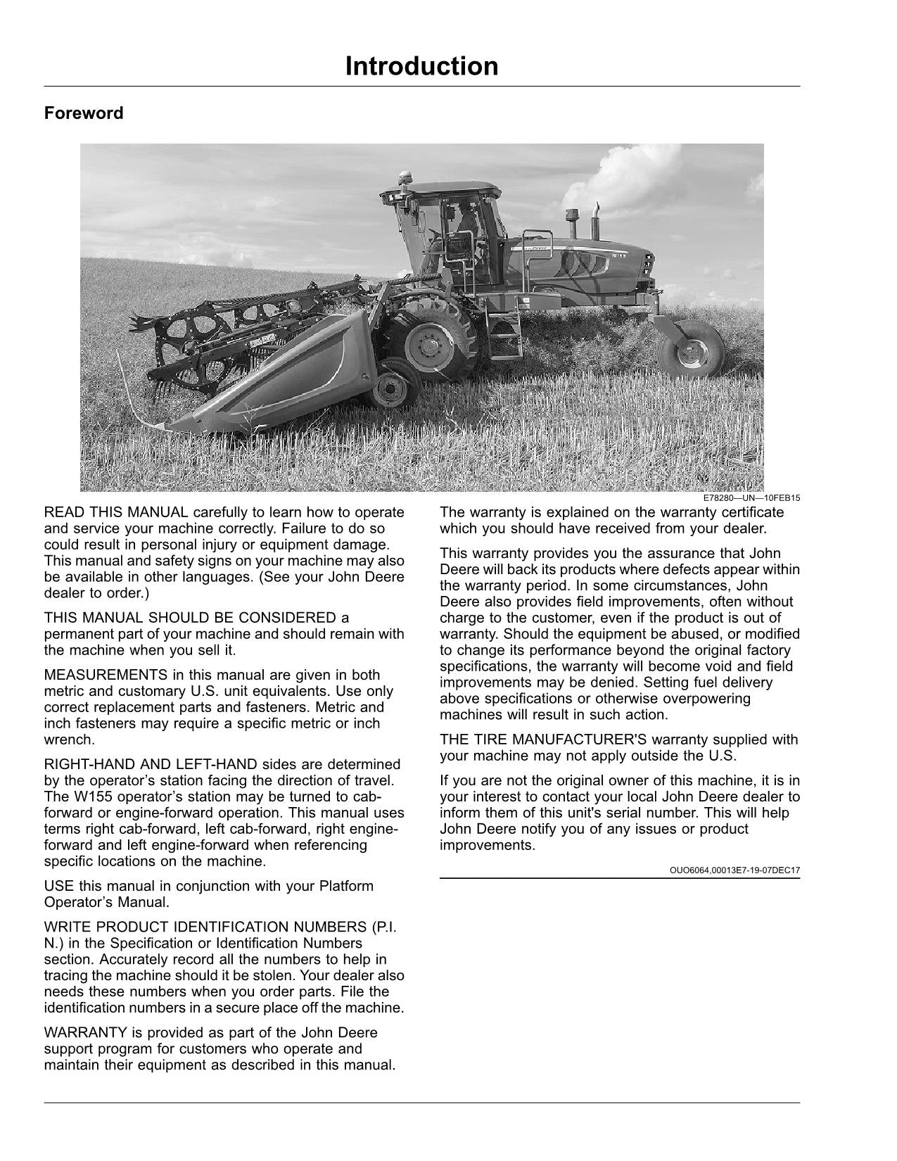 MANUAL DEL OPERADOR DE LA HILERADORA JOHN DEERE W155 N.° 1