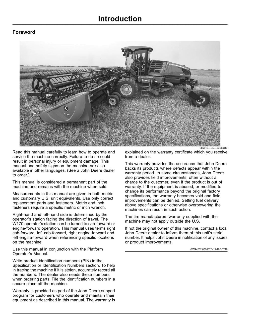 MANUAL DEL OPERADOR DE LA HILERADORA JOHN DEERE W170 N.° 1