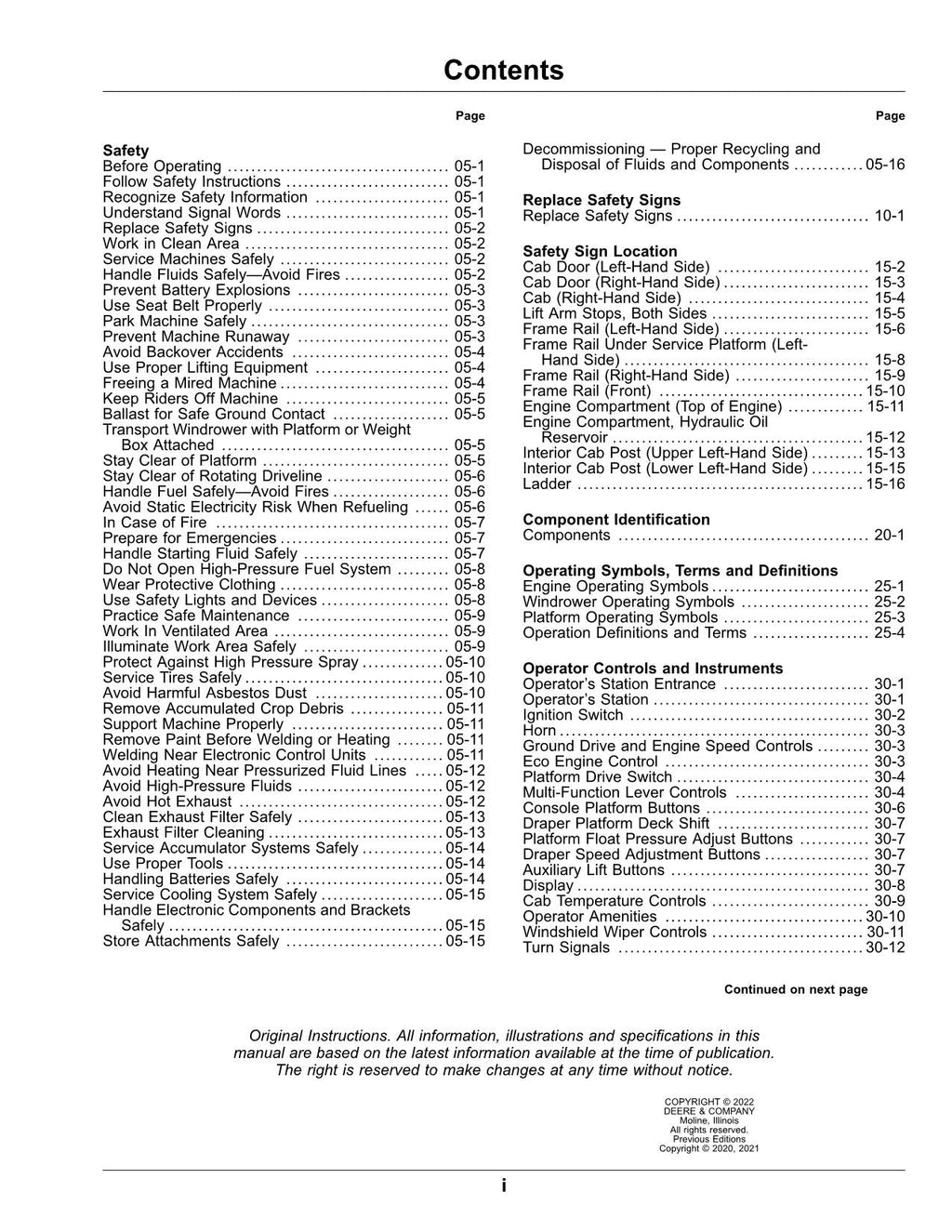 MANUAL DEL OPERADOR DE LA HILERADORA JOHN DEERE W170 N.° 1