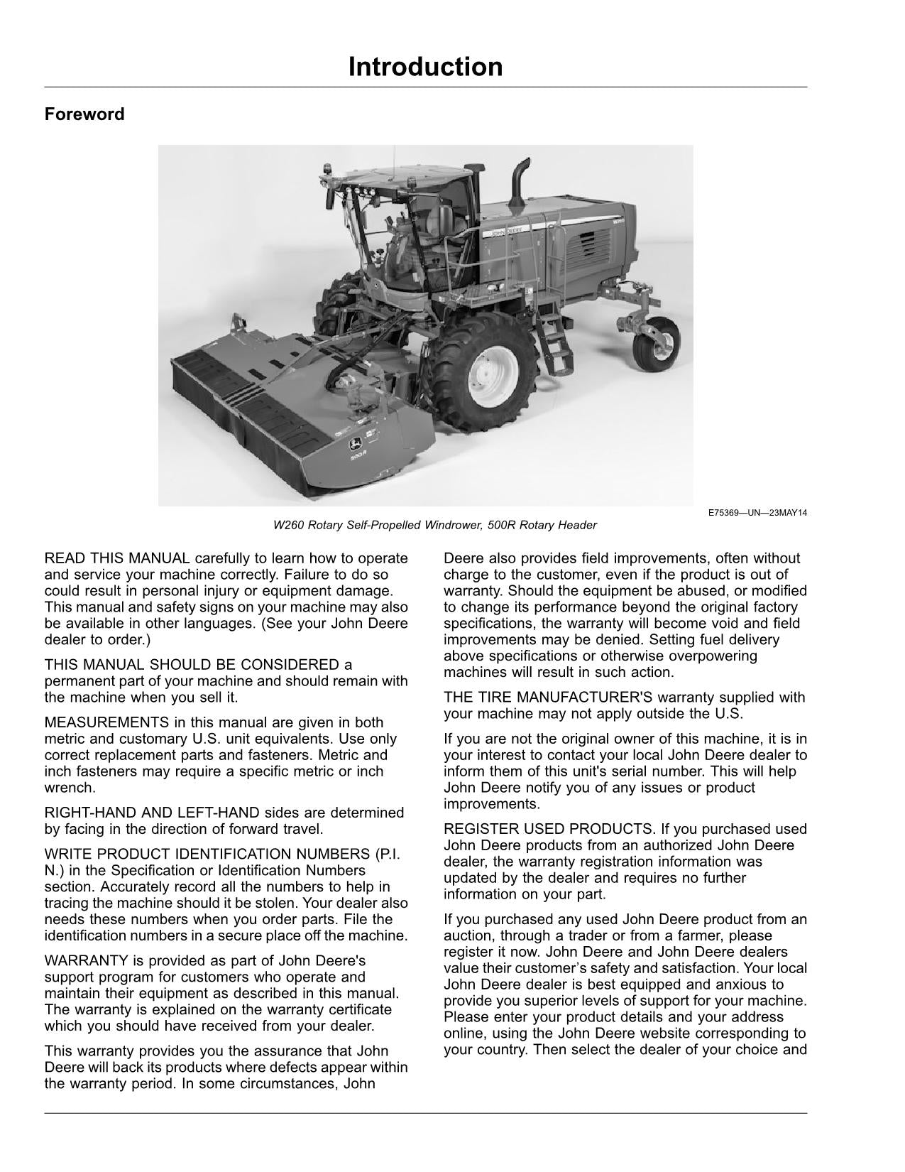 MANUAL DEL OPERADOR DE LA HILERADORA JOHN DEERE W260 N.° 4