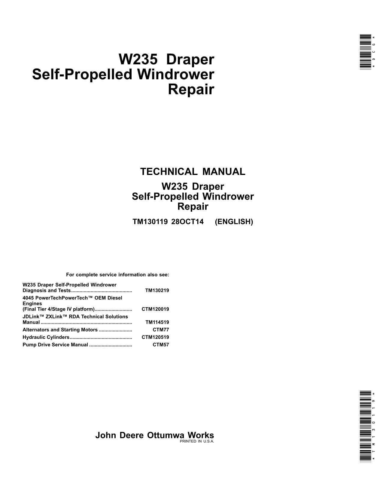 MANUAL TÉCNICO DE REPARACIÓN Y SERVICIO DE LA HILERA JOHN DEERE W235 TM130119