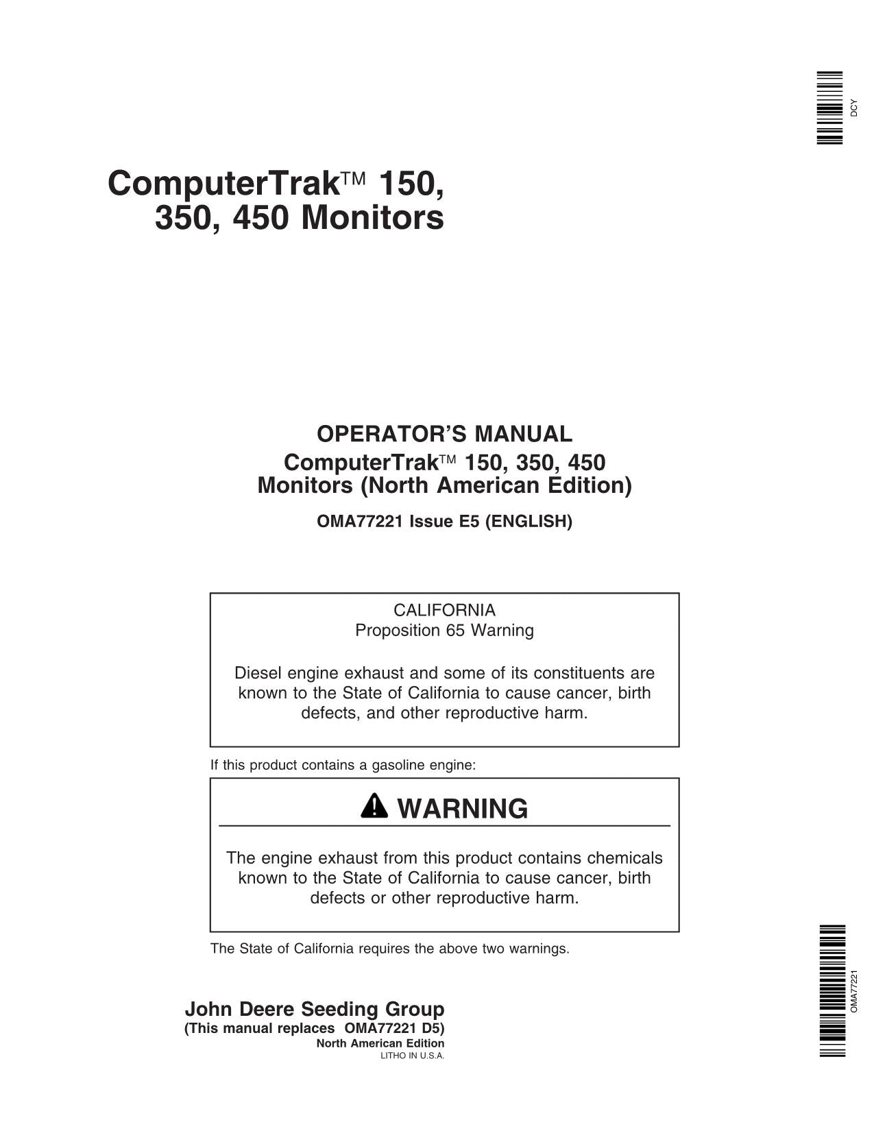 MANUAL DEL OPERADOR DE LA PLANTADORA COMPUTERTRAK MONITOR WORLDWIDE DE JOHN DEERE 720101-735100