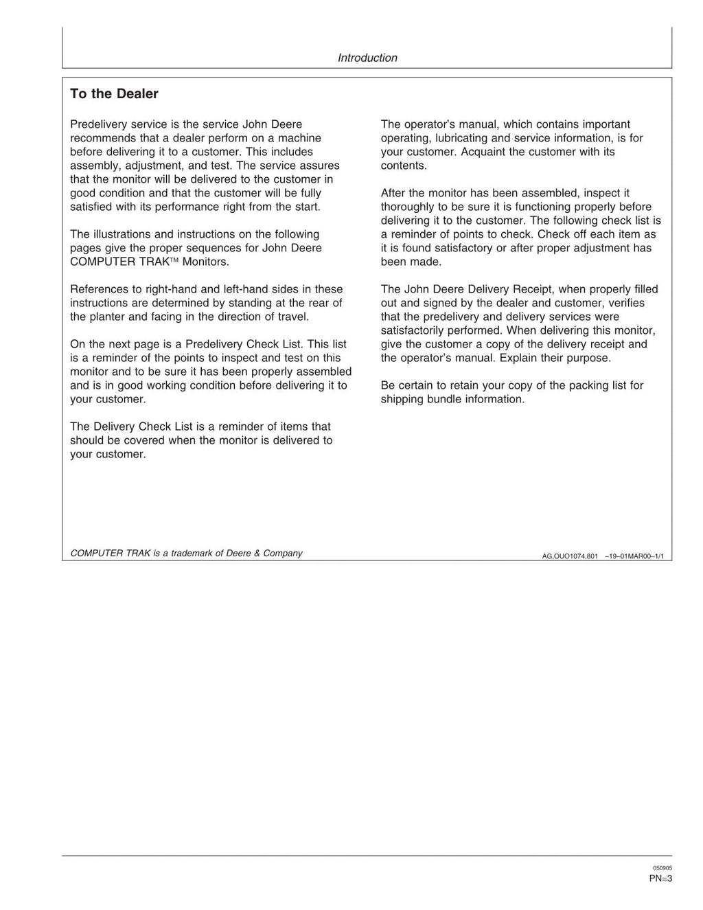 MANUAL DEL OPERADOR DE LA PLANTADORA COMPUTERTRAK MONITOR WORLDWIDE DE JOHN DEERE 720101-735100
