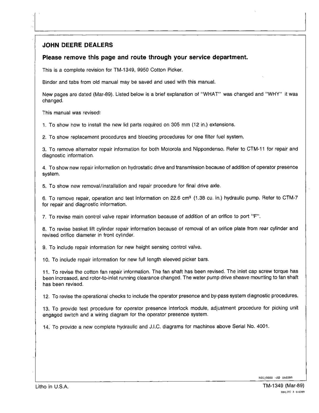 MANUAL TÉCNICO DE REPARACIÓN Y SERVICIO DE LA RECOLECTORA DE ALGODÓN JONH DEERE 9950 TM1349