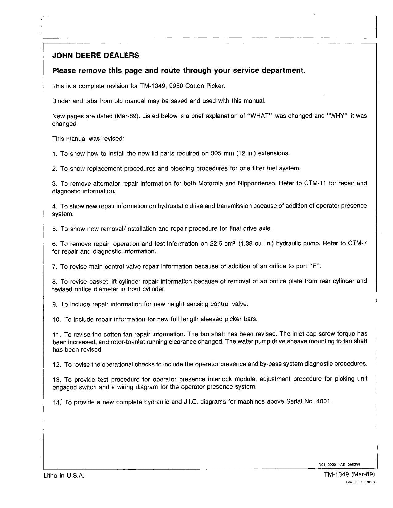 MANUAL TÉCNICO DE REPARACIÓN Y SERVICIO DE LA RECOLECTORA DE ALGODÓN JONH DEERE 9950 TM1349