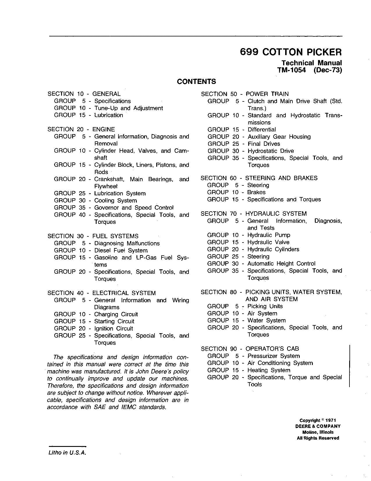 MANUAL TÉCNICO DE REPARACIÓN Y SERVICIO DE LA RECOLECTORA DE ALGODÓN JONH DEERE 699 TM1054