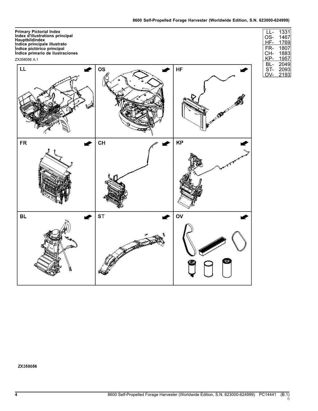 Catálogo de piezas de la cosechadora John Deere 8600, manual, ser. 623000-624999