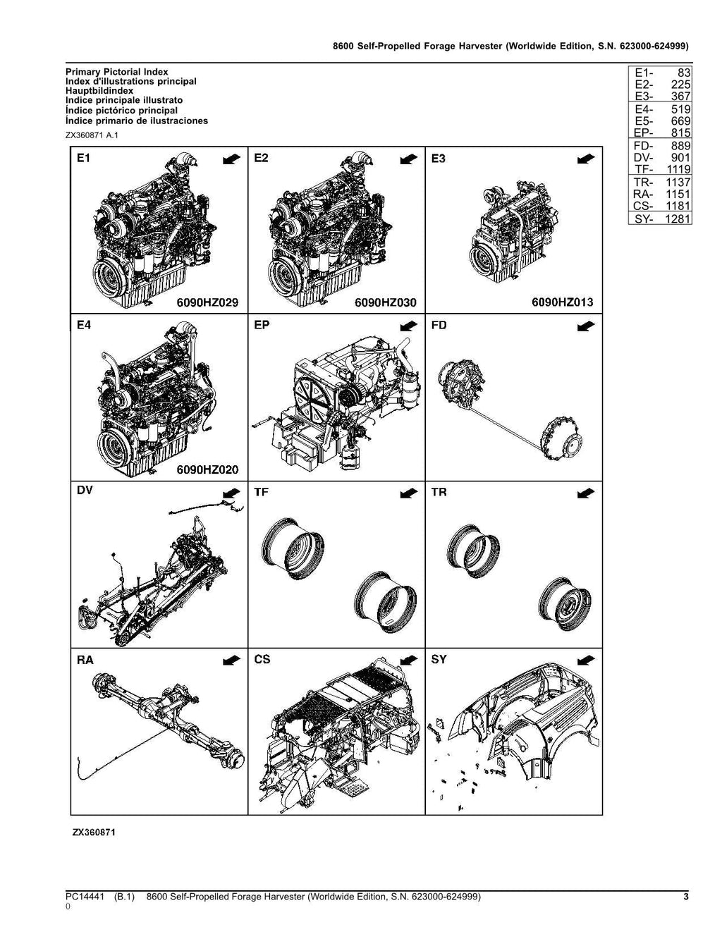 Catálogo de piezas de la cosechadora John Deere 8600, manual, ser. 623000-624999