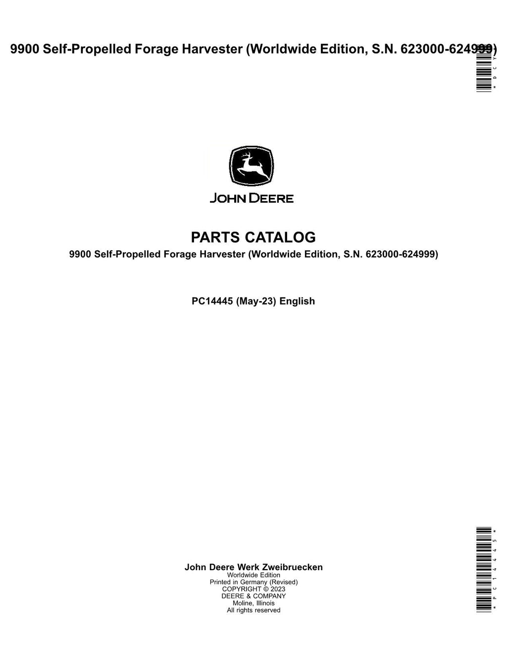 Catálogo de piezas de la cosechadora John Deere 9900. Manual del usuario. Número de serie: 623000-624999.