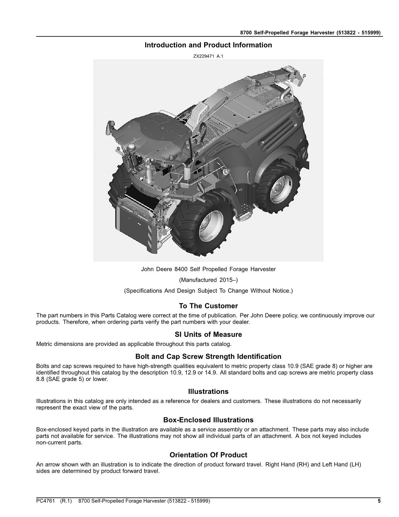 Catálogo de piezas de la cosechadora John Deere 8700. Manual del usuario. Número de serie: 513822-515999.