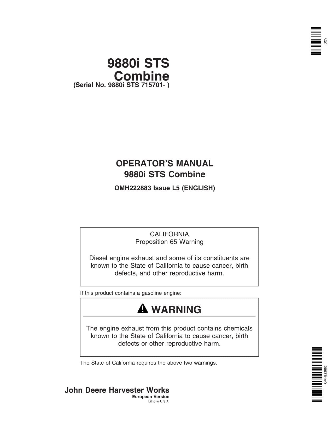 MANUAL DEL OPERADOR DE LA COSECHADORA JOHN DEERE 9880i STS N.° 1