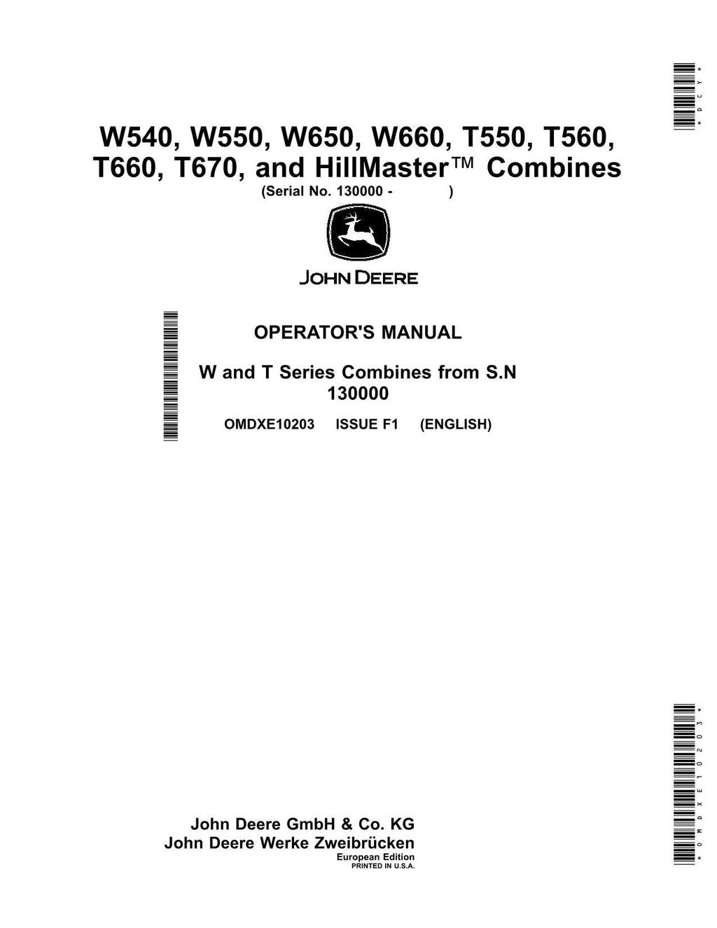 JOHN DEERE W540 W550 W650 T550 T560 T660 T670 HILLMASTER COMBINE OPERATOR MANUAL