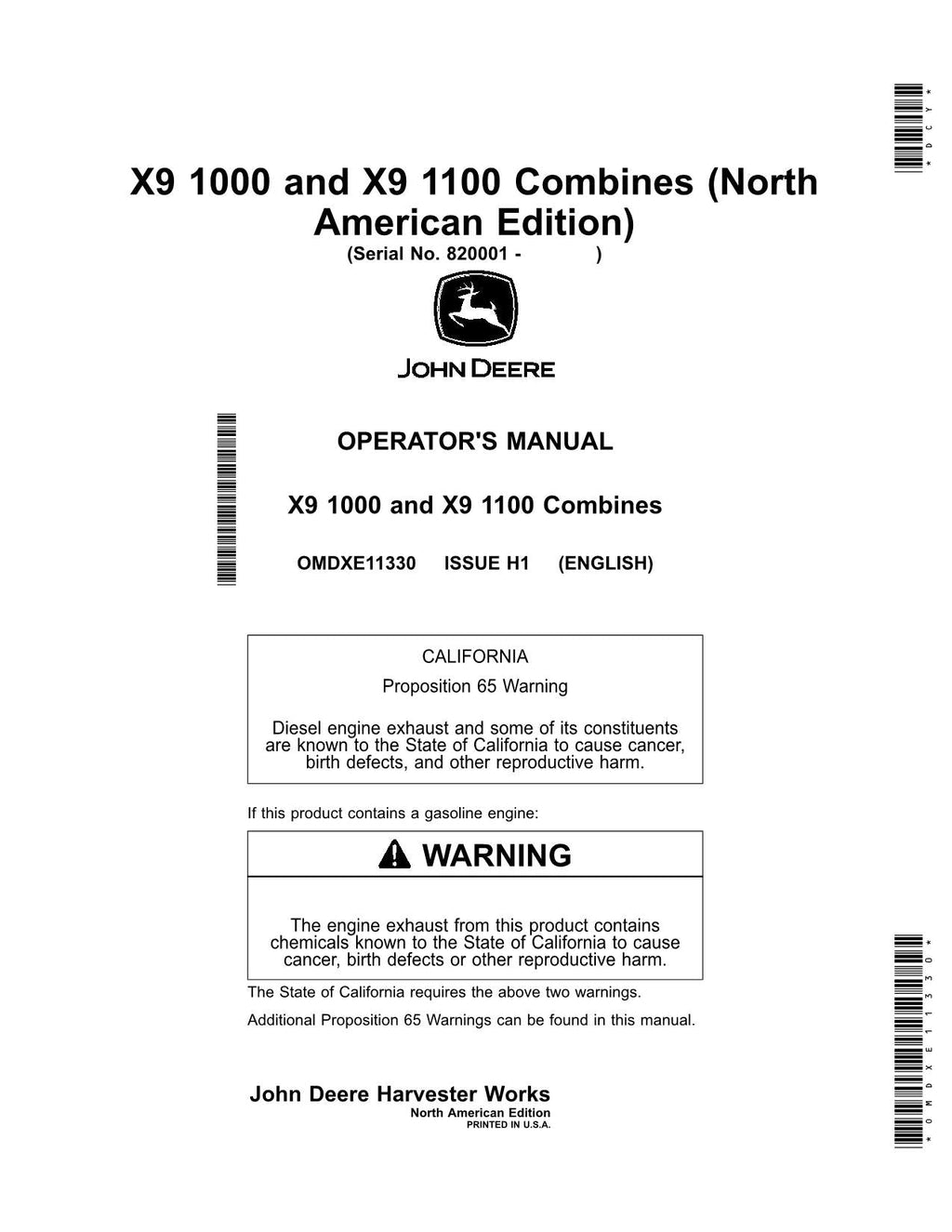 MANUAL DEL OPERADOR DE LA COSECHADORA JOHN DEERE X9 1000 1100 820001-NORTH AMERICAN
