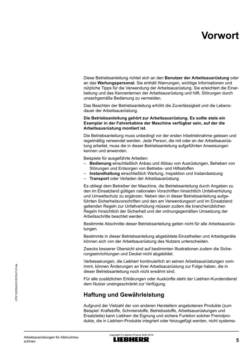 Liebherr R950 R960 Demolition für Abbruchmaschinen Betriebsanleitung