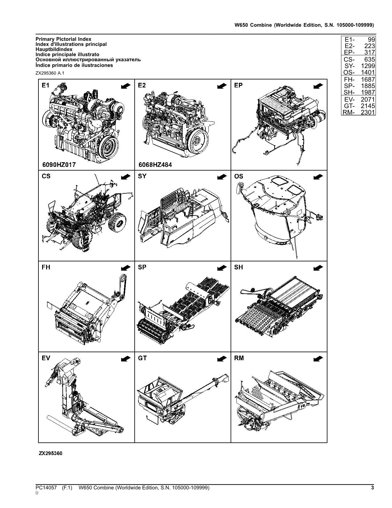Catálogo de piezas de la cosechadora John Deere W650, manual 105000-109999