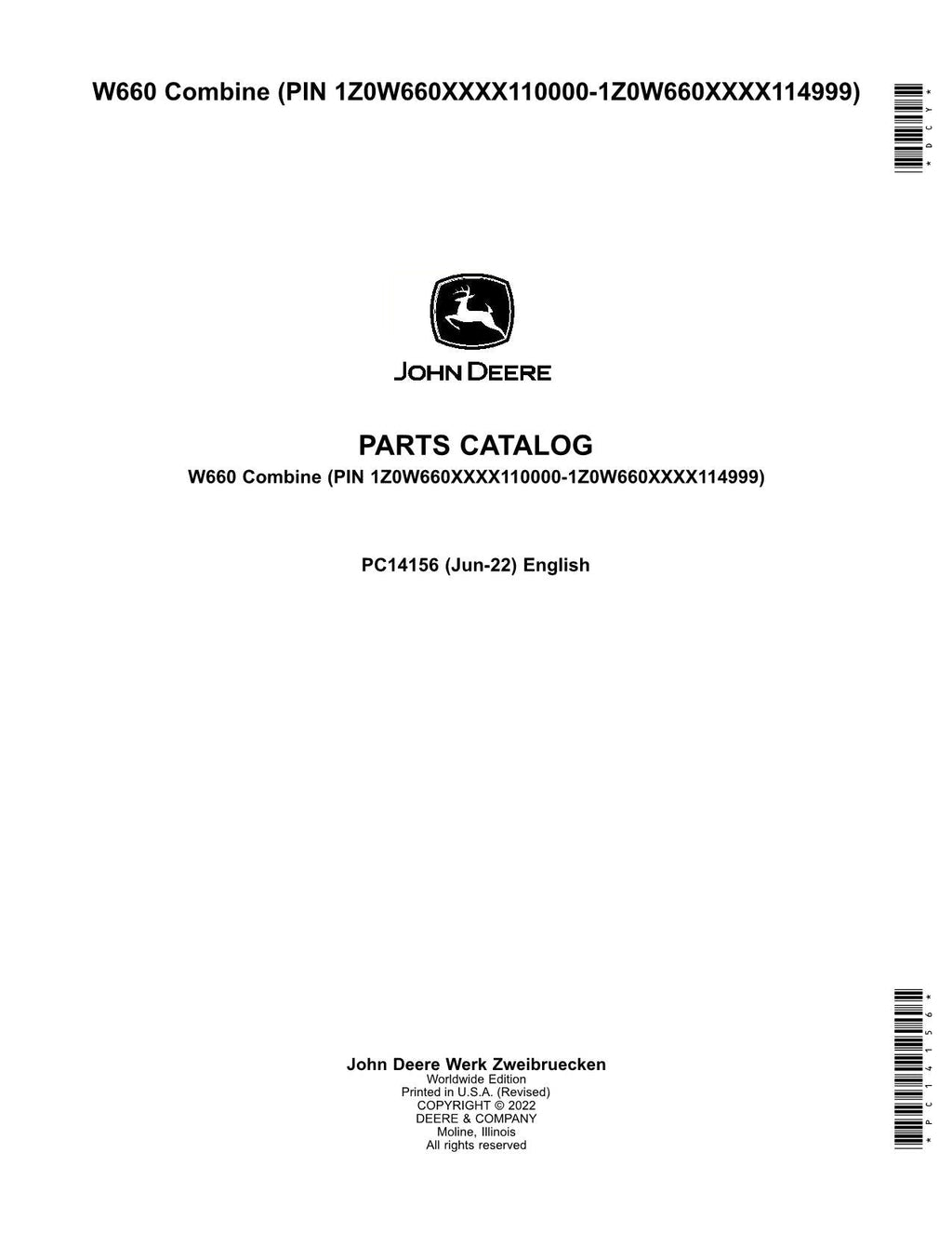 Catálogo de piezas de la cosechadora John Deere W660 - Manual 110000-114999