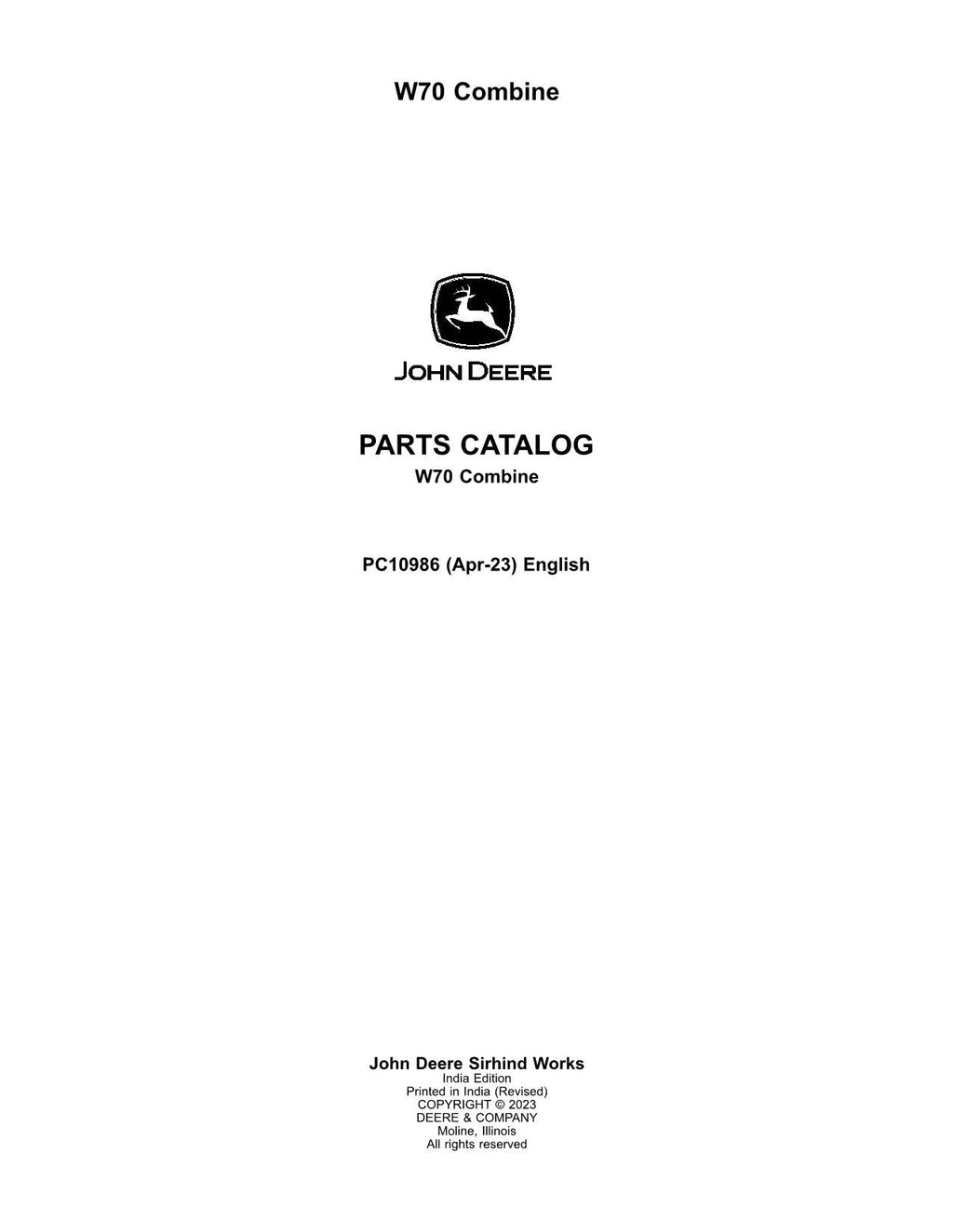CATÁLOGO DE PIEZAS DE LA COSECHADORA JOHN DEERE W70 MANUAL N.° 1