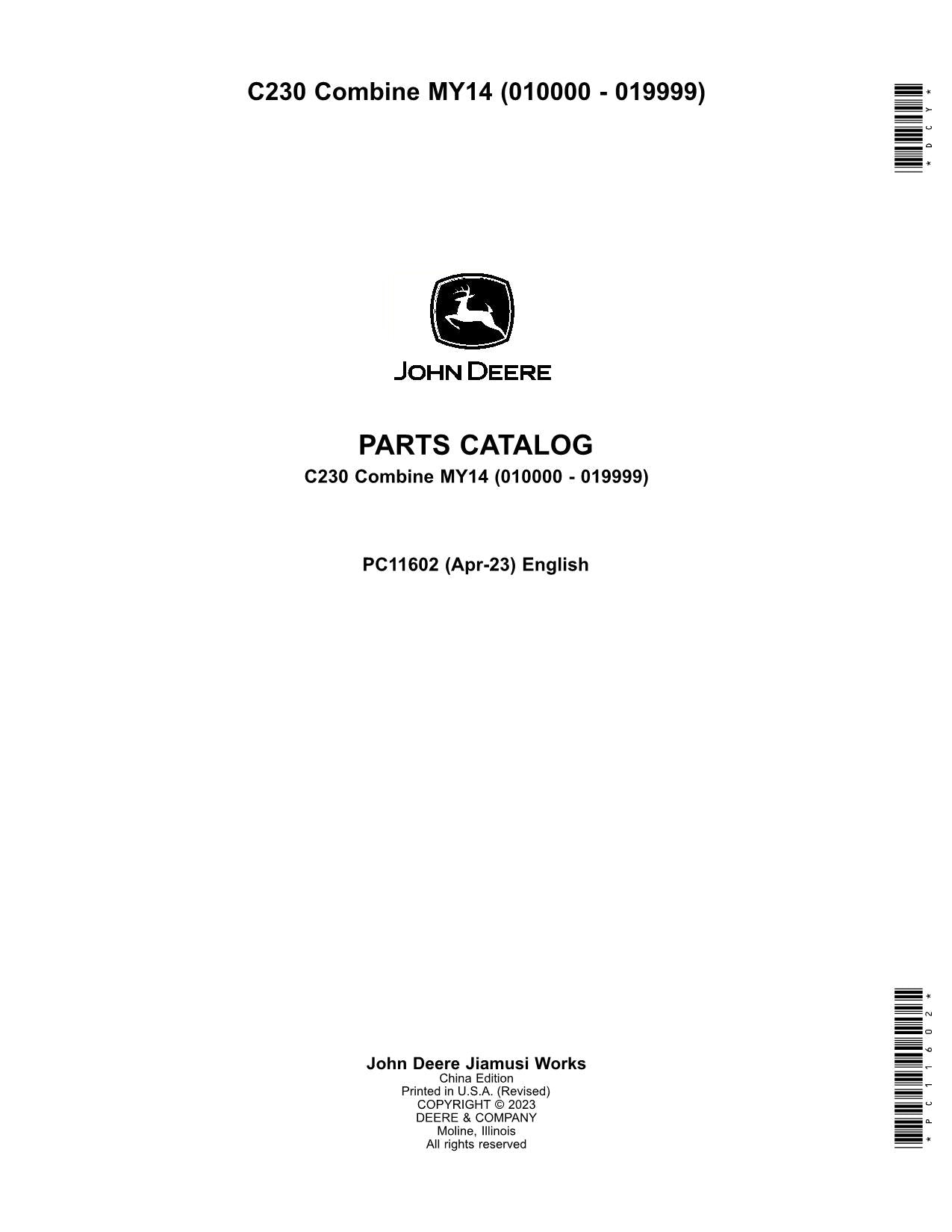 Catálogo de piezas de la cosechadora John Deere C230, manual n.° 2