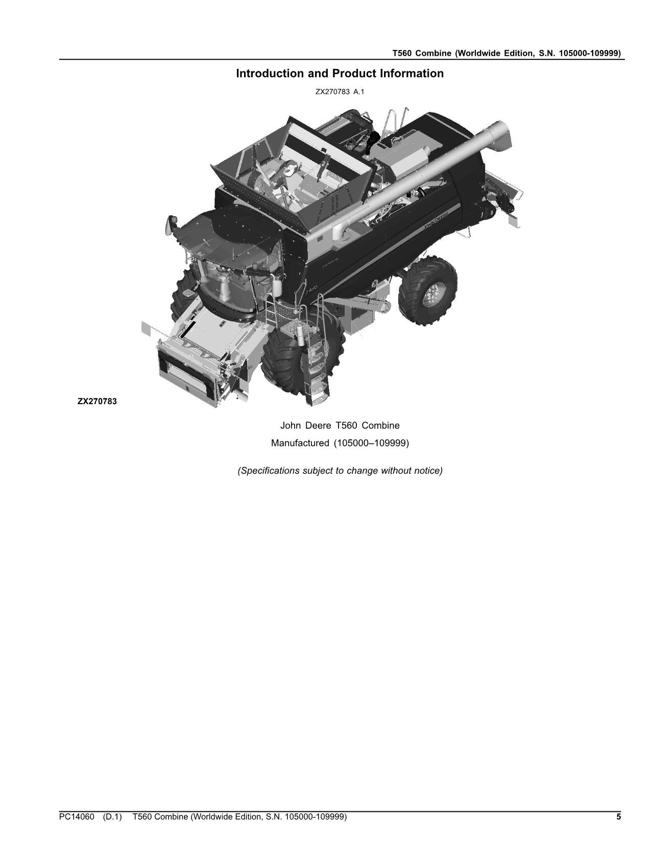 Catálogo de piezas de la cosechadora John Deere T560 - Manual 105000-109999