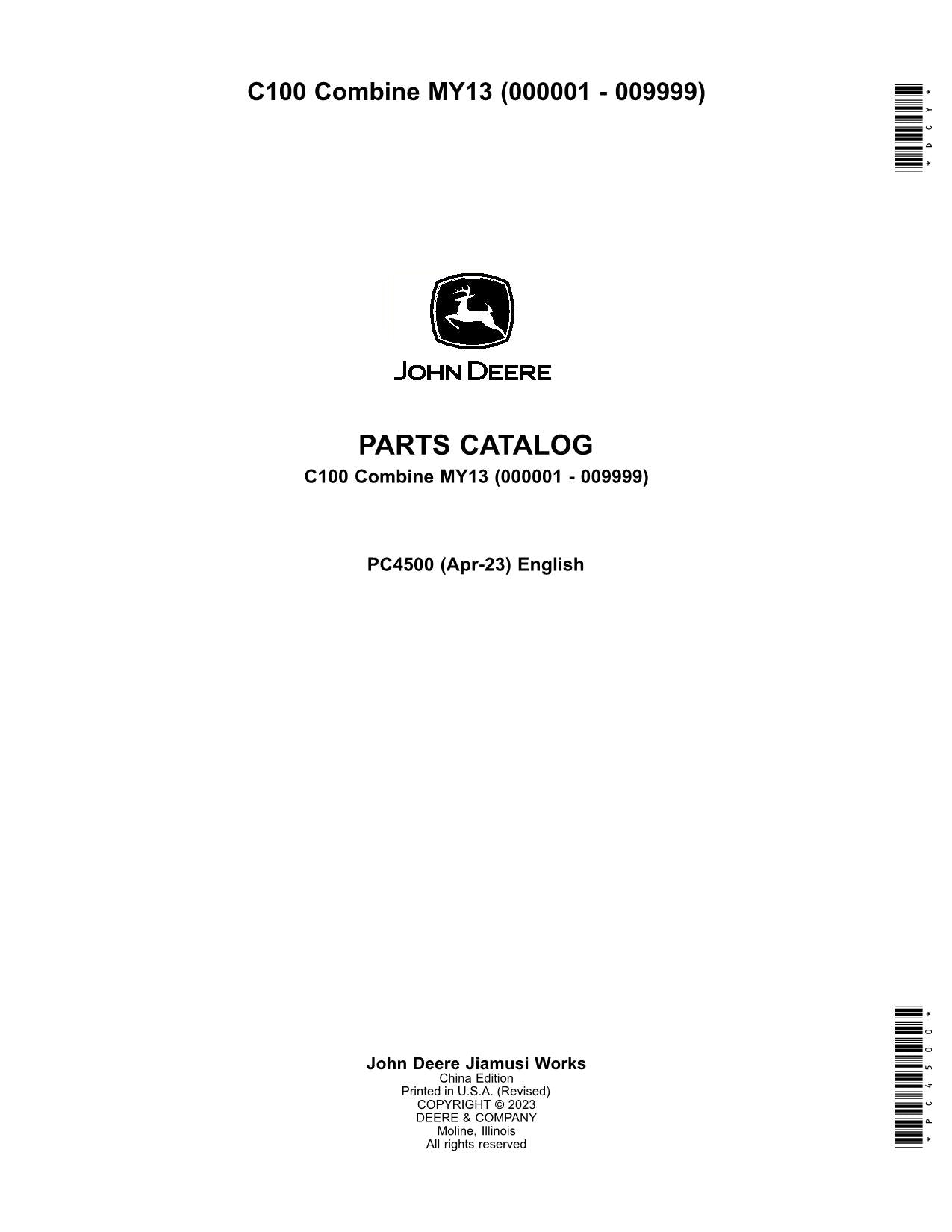 CATÁLOGO DE PIEZAS DE LA COSECHADORA JOHN DEERE C100 MANUAL N.° 2