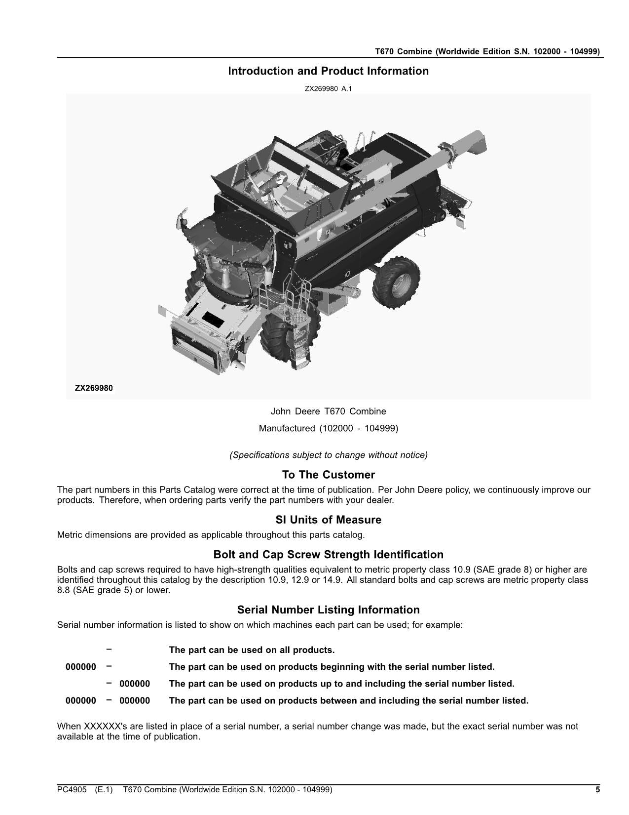 CATÁLOGO DE PIEZAS DE LA COSECHADORA JOHN DEERE T670 MANUAL N.° 11