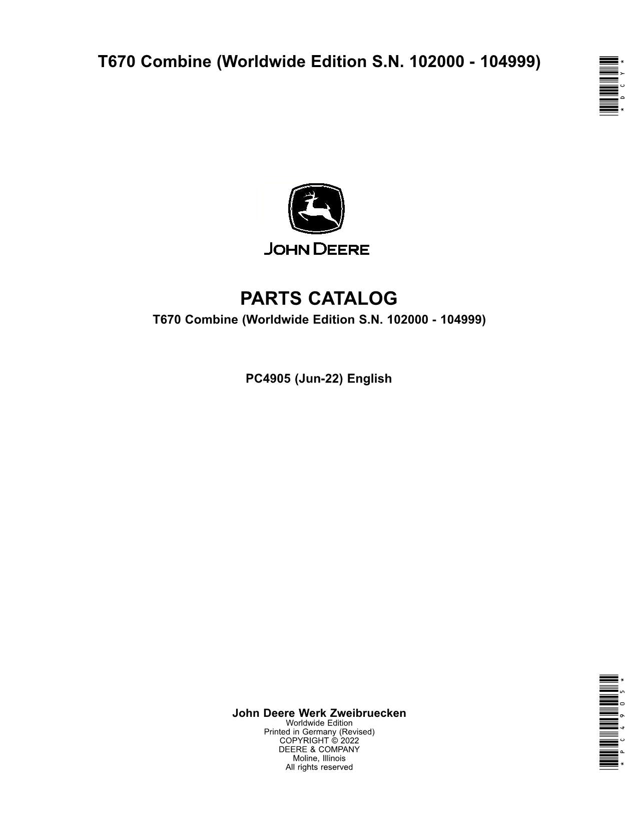 CATÁLOGO DE PIEZAS DE LA COSECHADORA JOHN DEERE T670 MANUAL N.° 11
