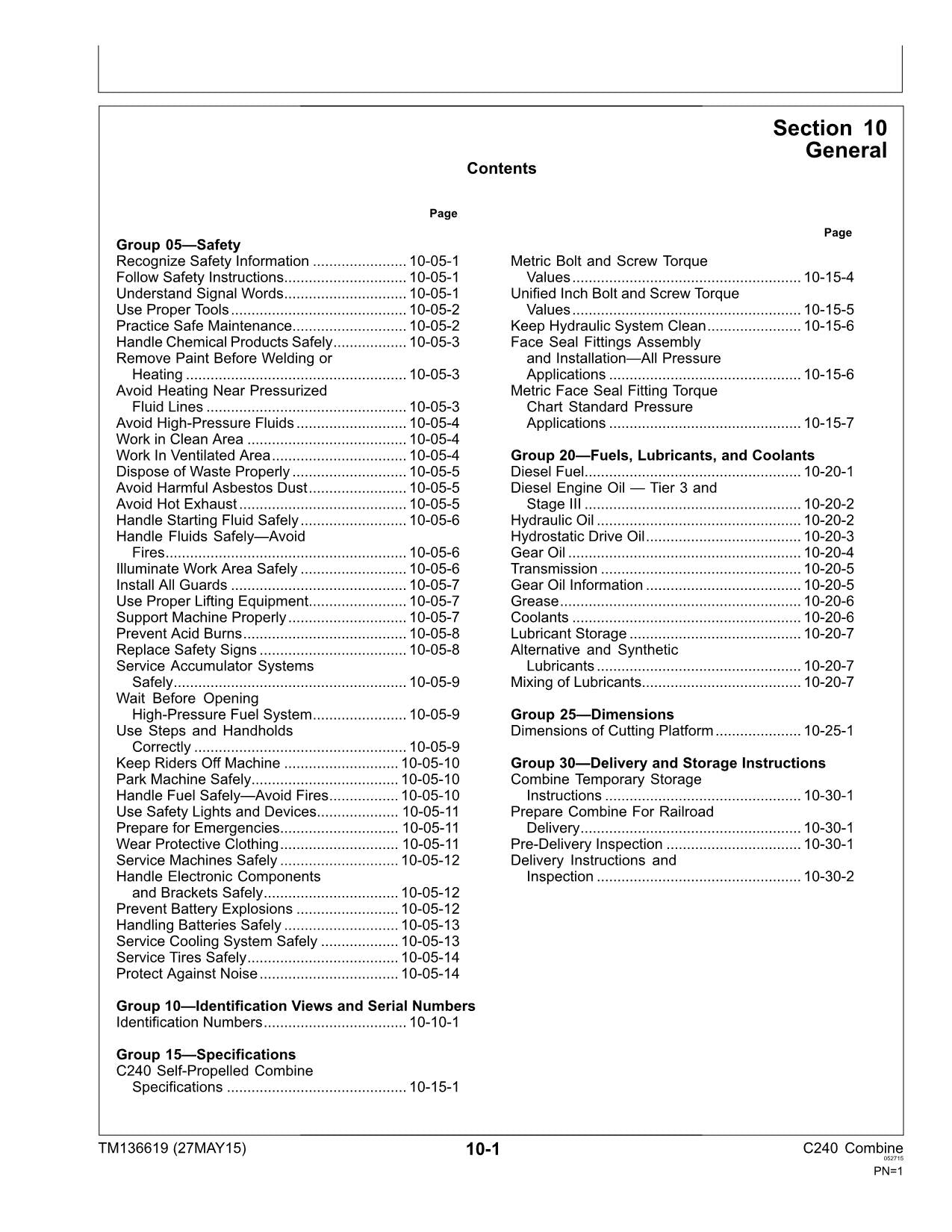 JOHN DEERE C240 4LZ-13 COMBINE REPAIR SERVICE TECHNICAL MANUAL TM136619