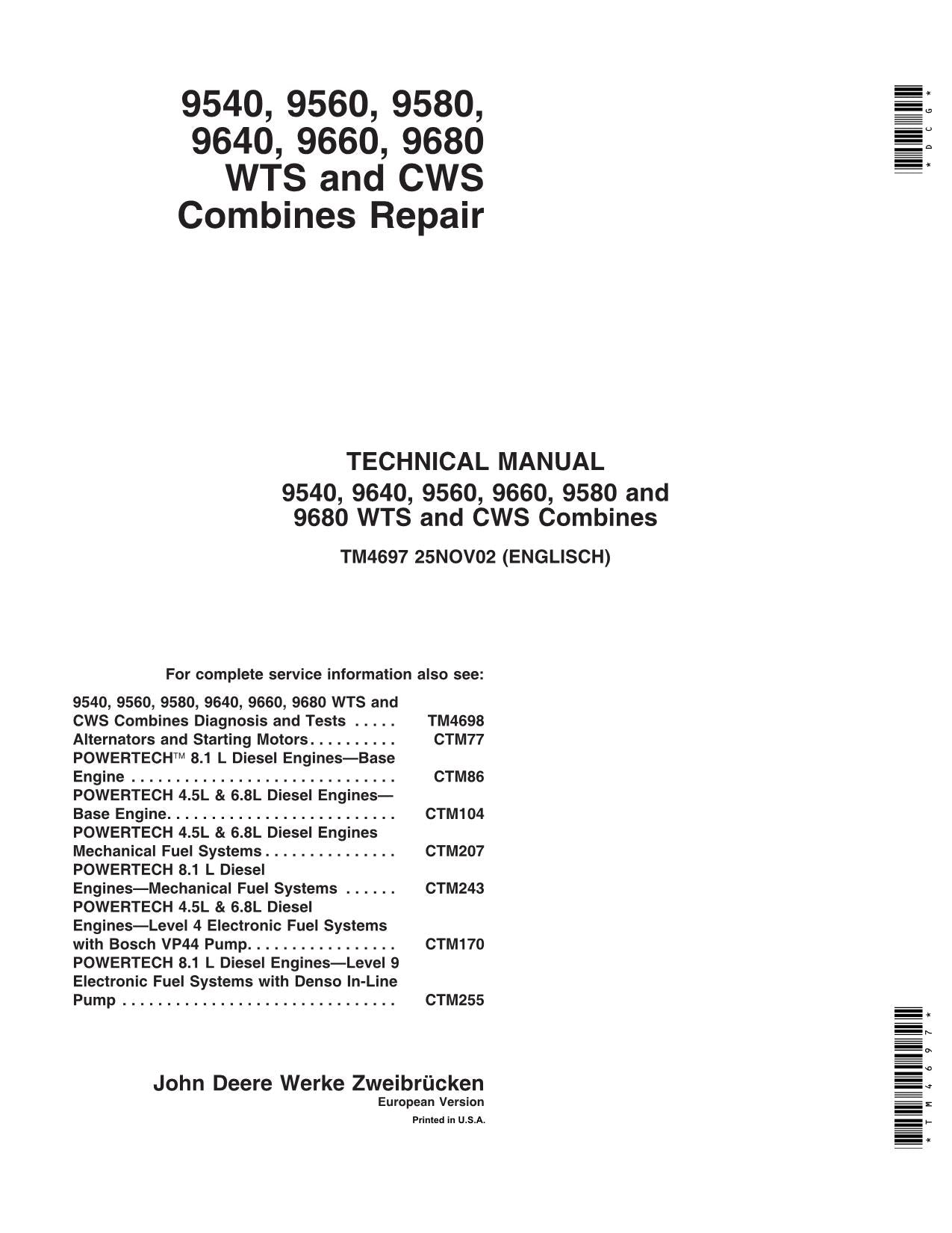 JOHN DEERE 9540 9560 9580 9640 9660 9680 MANUAL DE SERVICIO Y REPARACIÓN DE COSECHADORAS TM4697