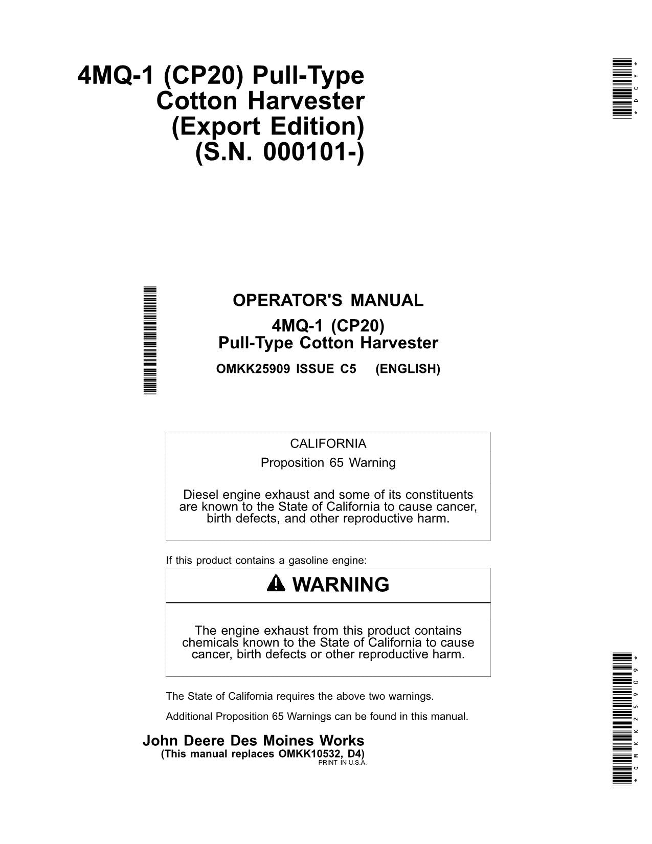 MANUAL DEL OPERADOR DE LA RECOLECTORA DE ALGODÓN JOHN DEERE CP20