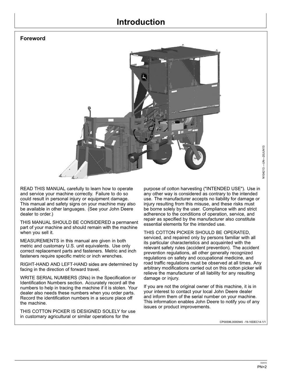MANUAL DEL OPERADOR DE LA RECOLECTORA DE ALGODÓN JOHN DEERE CP20