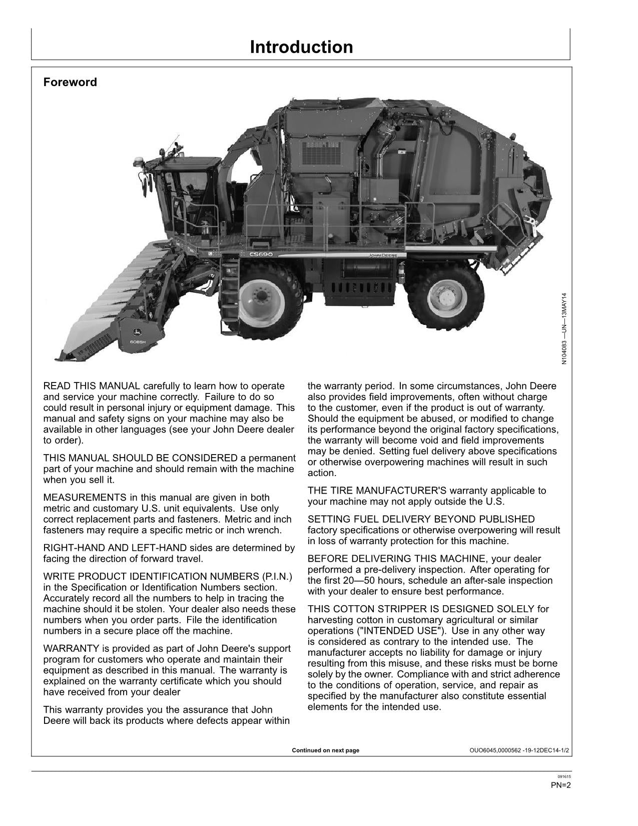 MANUAL DEL OPERADOR DE LA RECOLECTORA DE ALGODÓN JOHN DEERE CS690 N.° 1
