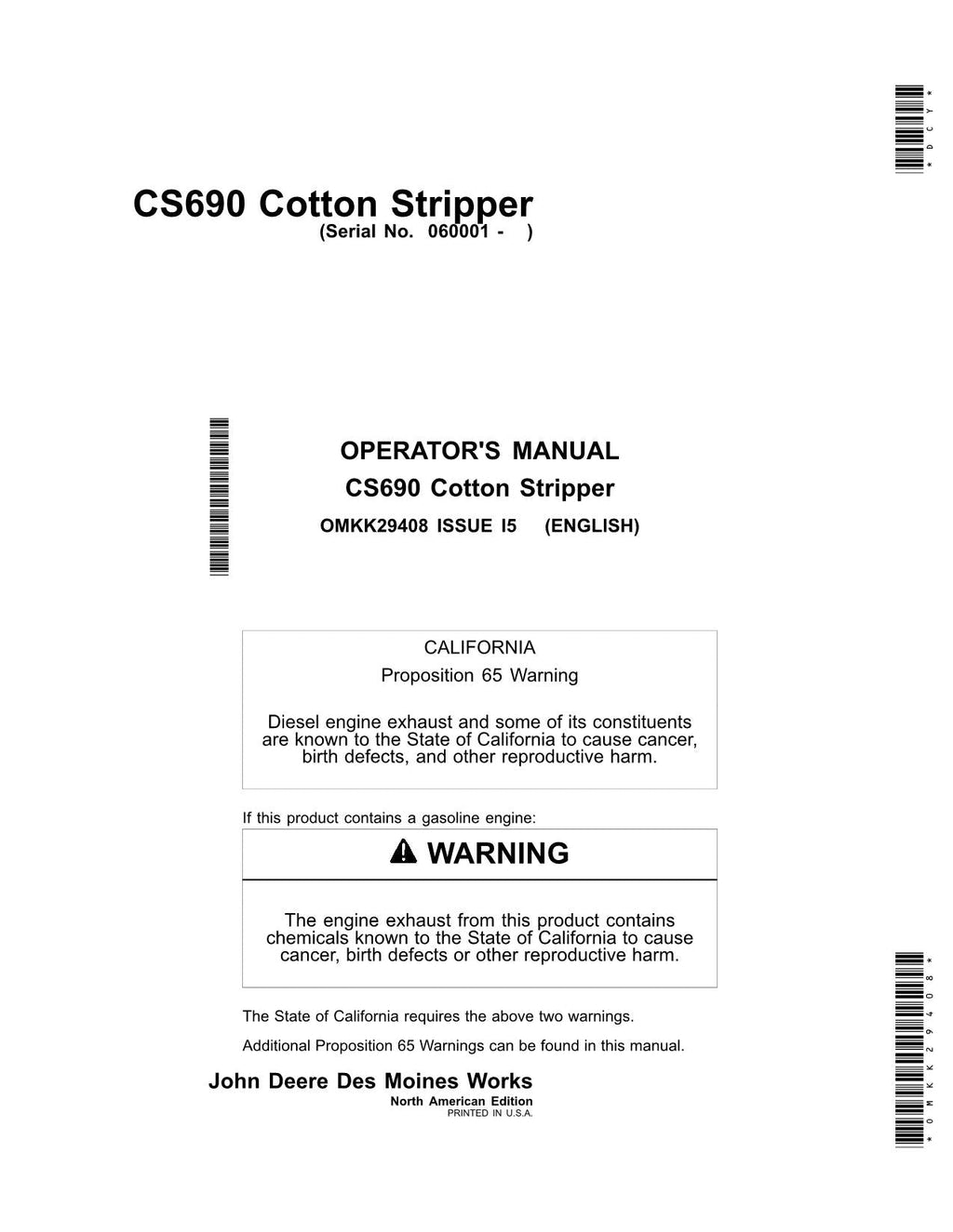 MANUAL DEL OPERADOR DE LA RECOLECTORA DE ALGODÓN JOHN DEERE CS690 N.° 1