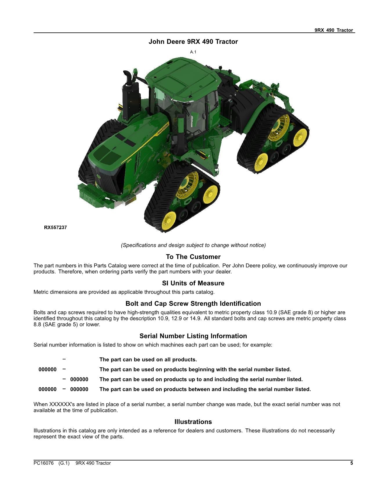 MANUAL DEL CATÁLOGO DE PIEZAS DEL TRACTOR JOHN DEERE 9RX 490