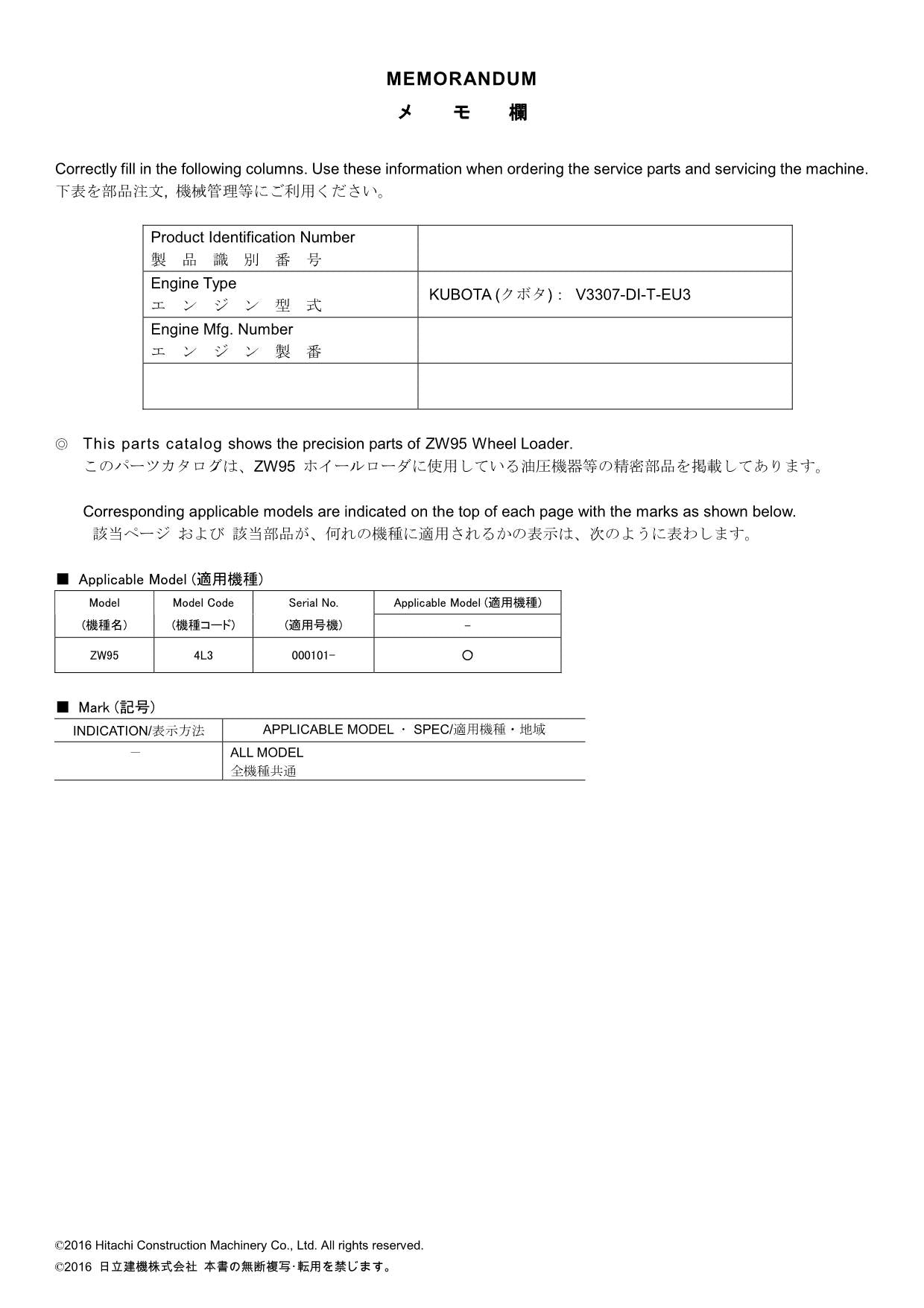 Hitachi ZW95 Equipment Component Wheel Loader Parts Catalog Manual SN 000101-up