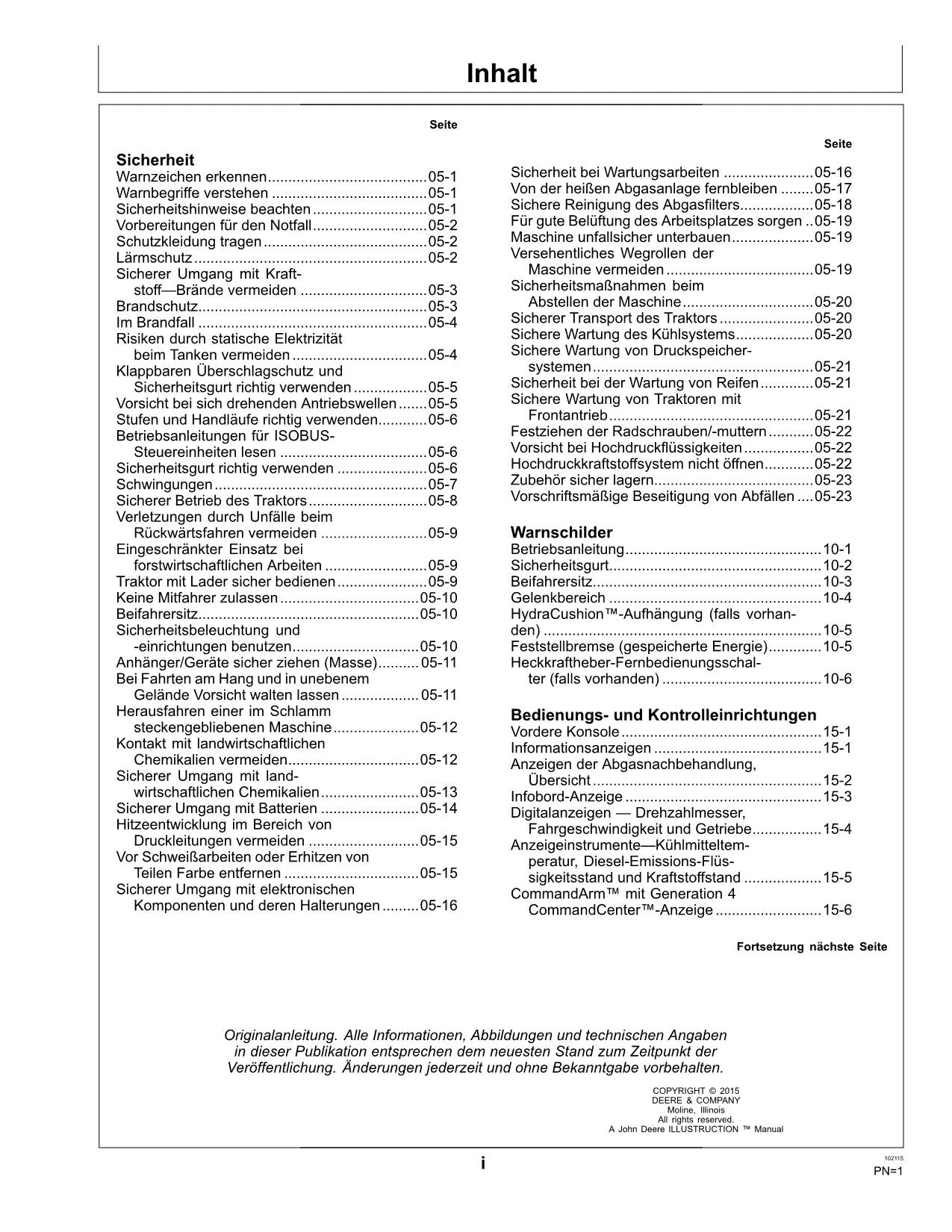 JOHN DEERE 9370R 9420R 9470R 9520R 9570R 9620R TRAKTOR BETRIEBSANLEITUNG 015000-