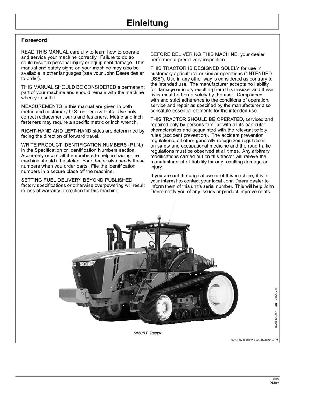 JOHN DEERE 9460RT 9510RT 9560RT TRAKTOR BETRIEBSANLEITUNG #2