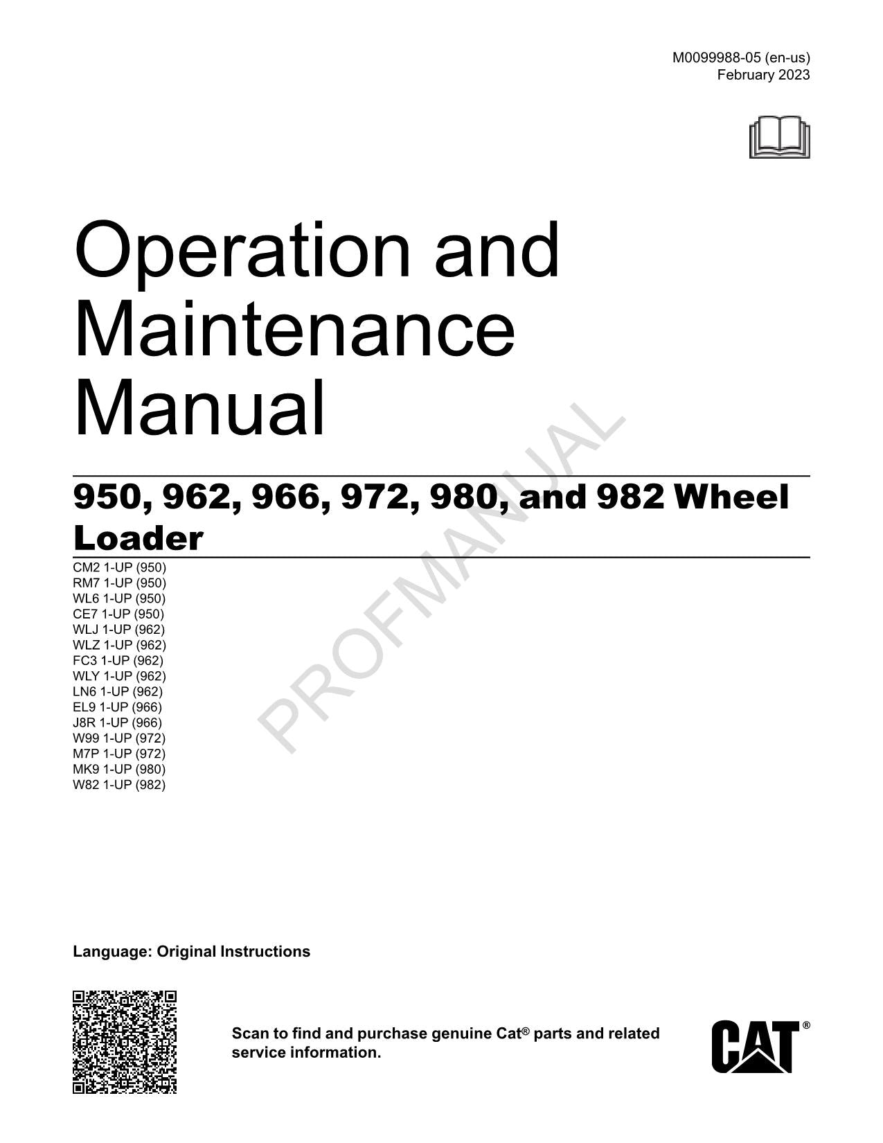 Manual del operador de cargadoras de ruedas Caterpillar 950 962 966 972 980 982 M0099988EN-US