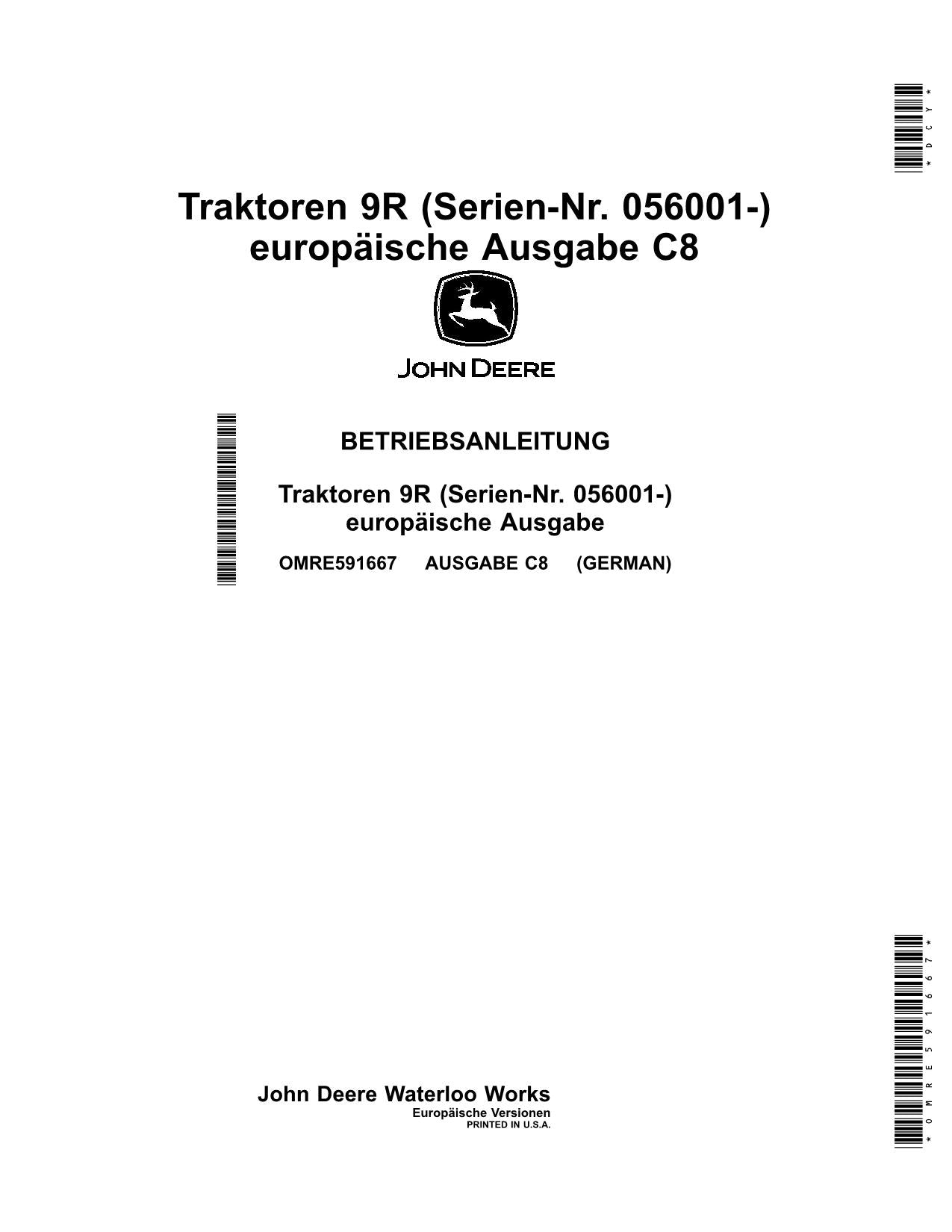 JOHN DEERE 9370R 9420R 9470R 9520R 9570R 9620R TRAKTOR BETRIEBSANLEITUNG 056001-