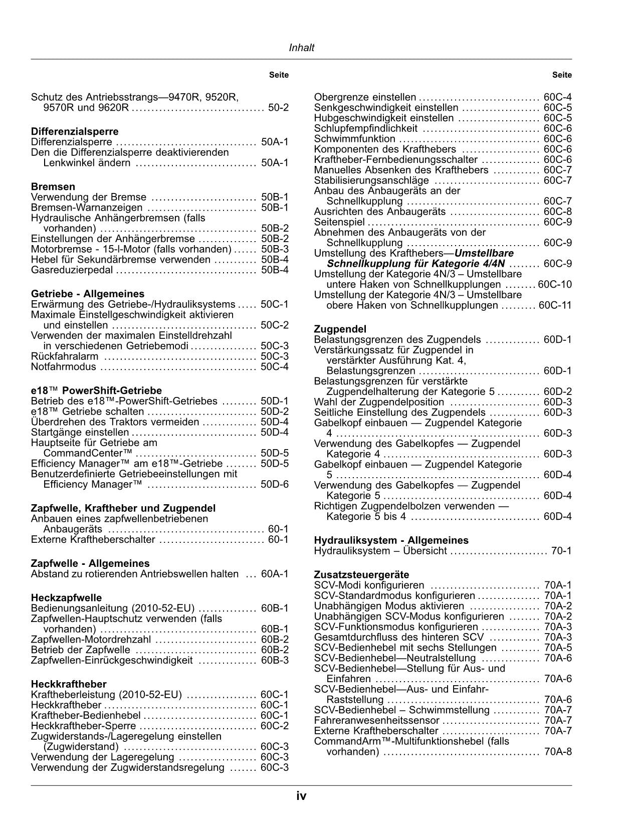 JOHN DEERE 9370R 9420R 9470R 9520R 9570R 9620R TRAKTOR BETRIEBSANLEITUNG 056001-