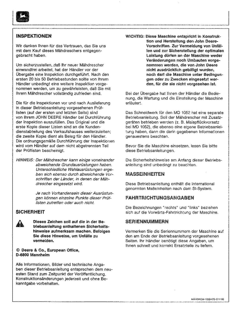 John Deere 1032 1042 1052 Mähdrescher betriebsanleitung ser.047201-