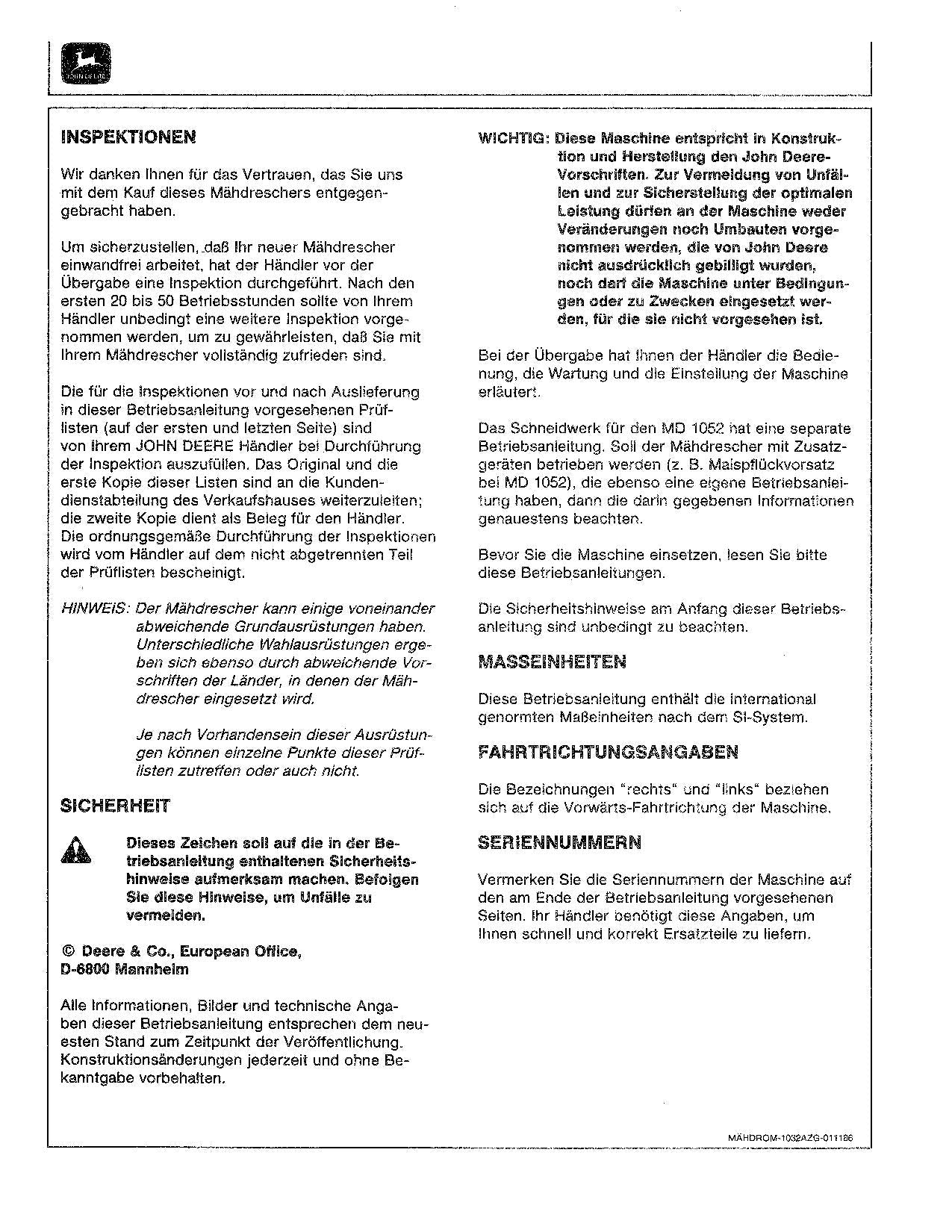 John Deere 1032 1042 1052 Mähdrescher betriebsanleitung ser.047201-