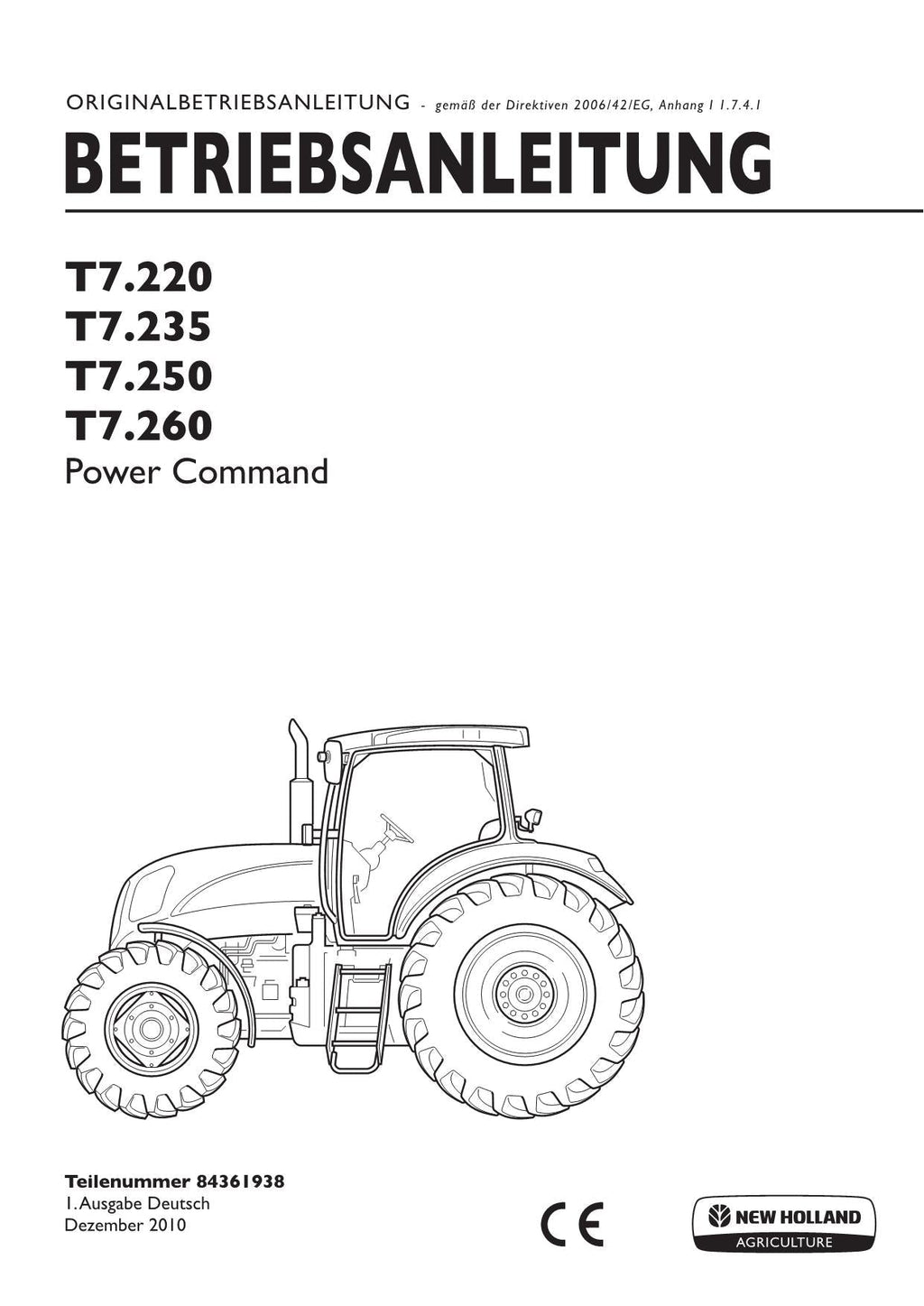 New Holland T7.220 T7.235 T7.250 T7.260 traktor betriebsanleitung 84361938