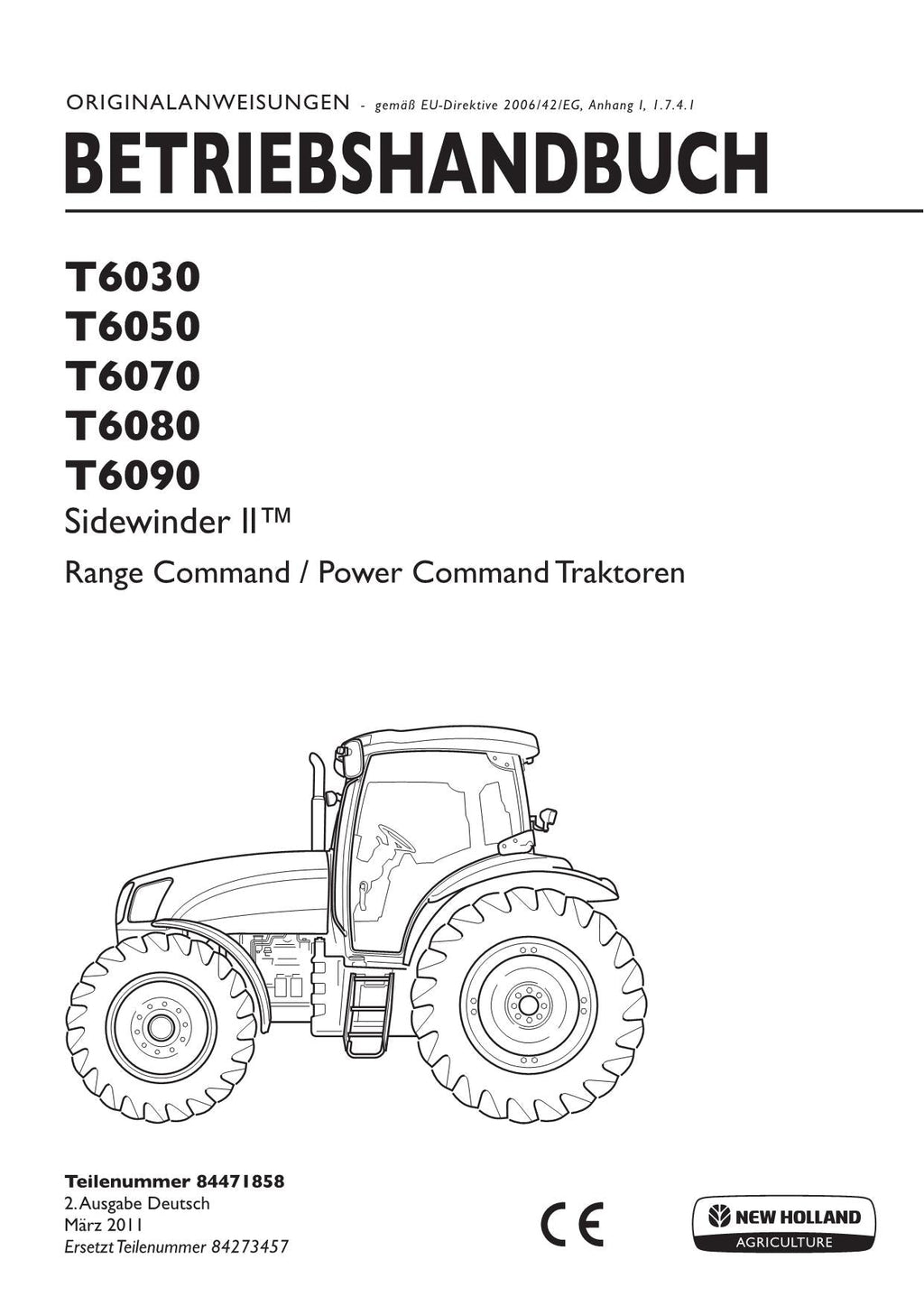 New Holland T6030 T6050 T6070 T6080 T6090 traktor betriebsanleitung 84471858