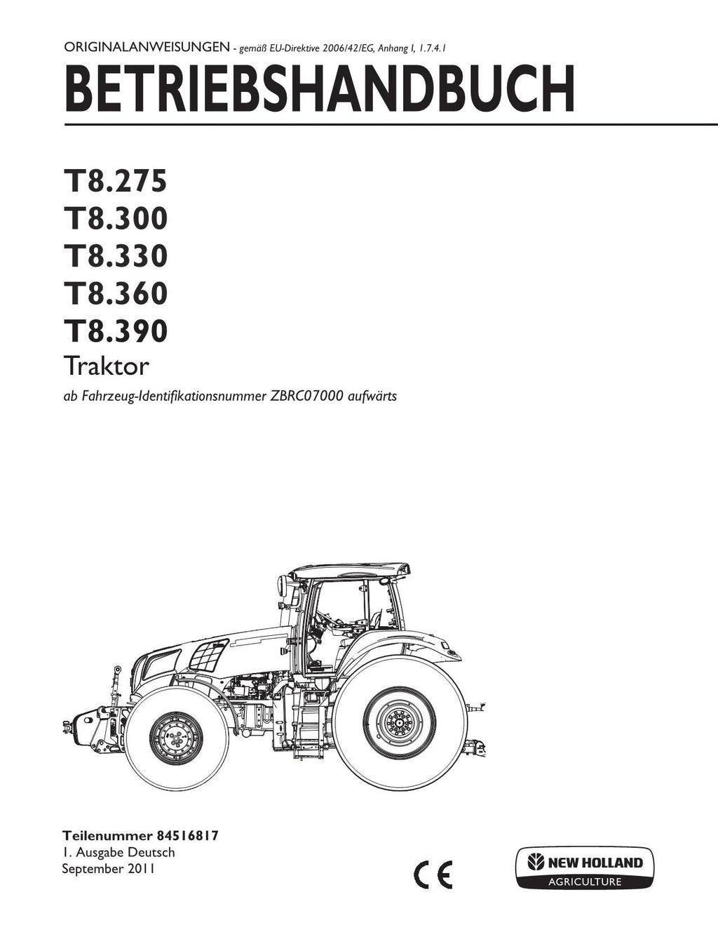 New Holland T8.275 T8.300 T8.330 T8.360 T8.390 traktor betriebsanleitung 070000-