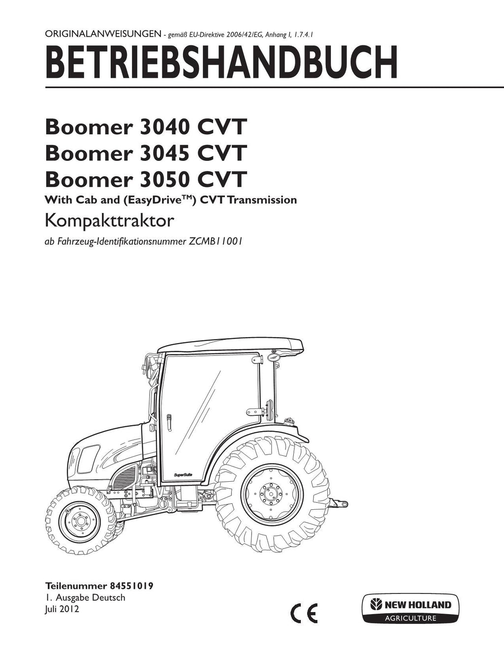 New Holland BOOMER 3040 3045 3050 CVT traktor betriebsanleitung
