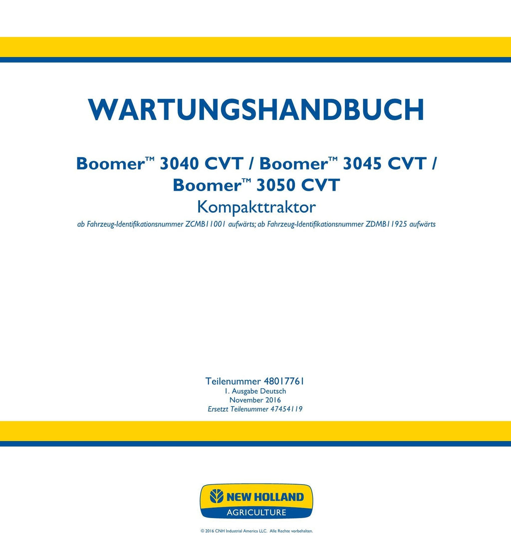 NEW HOLLAND BOOMER 3040 3045 3050 CVT TRAKTOR REPARATURHANDBUCH