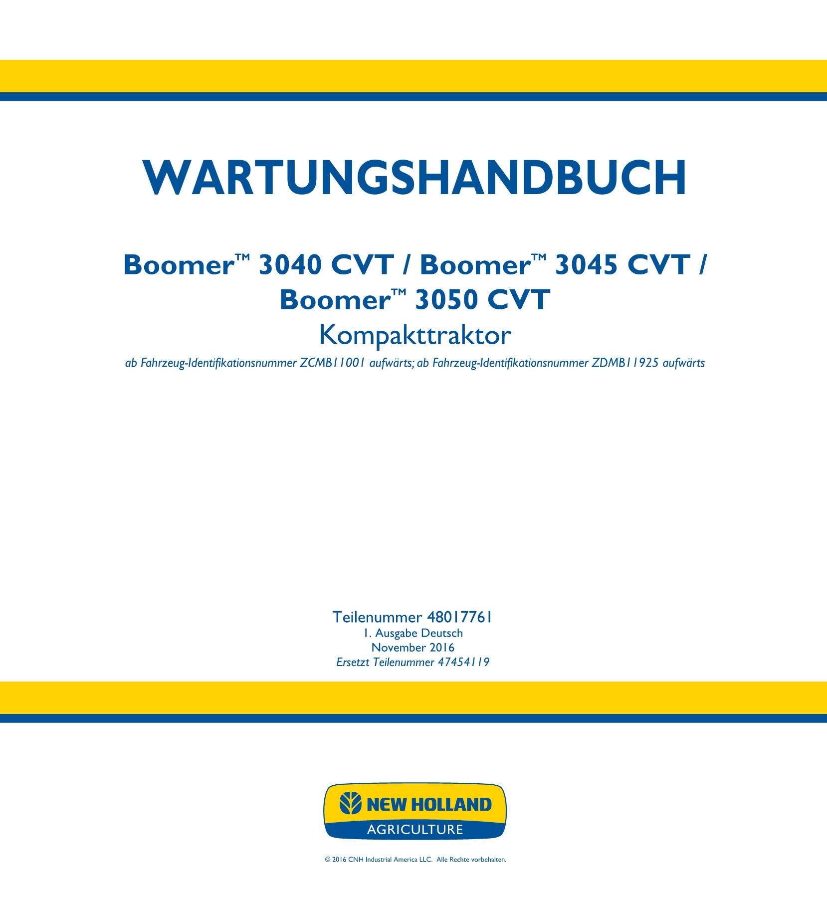 NEW HOLLAND BOOMER 3040 3045 3050 CVT TRAKTOR REPARATURHANDBUCH