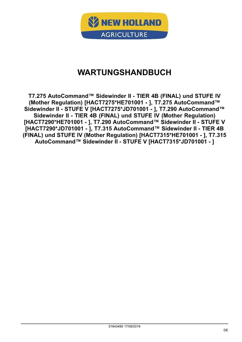 NEW HOLLAND T7.275 T7.290 T7.315 TRAKTOR REPARATURHANDBUCH