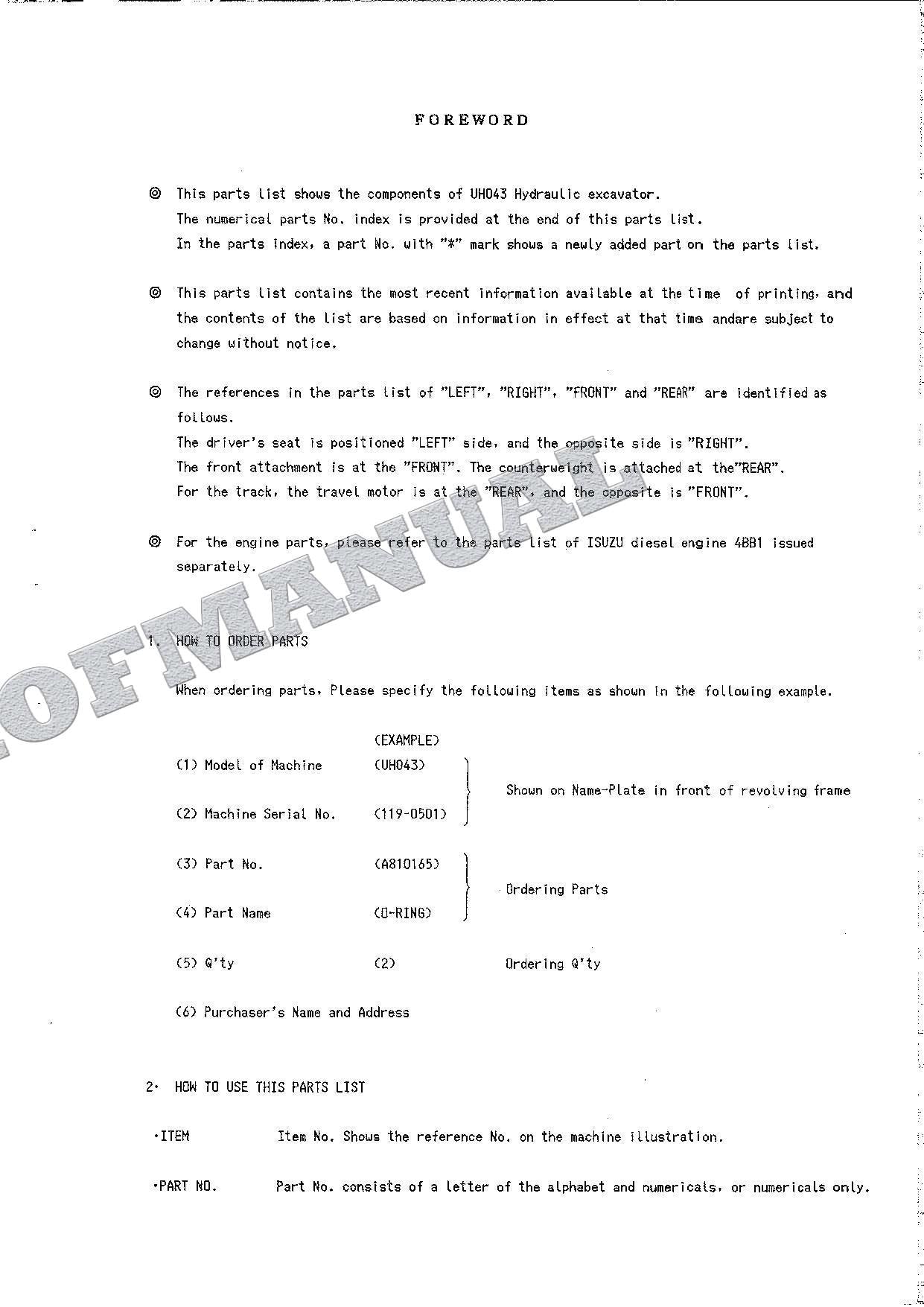 HITACHI UH043 Excavator Parts Catalog Manual EP119-1-2